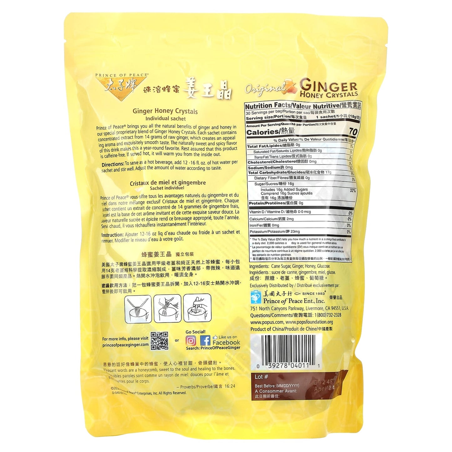 Prince of Peace, Ginger Honey Crystals, Original, Caffeine Free, 30 Sachets, 18 g Each