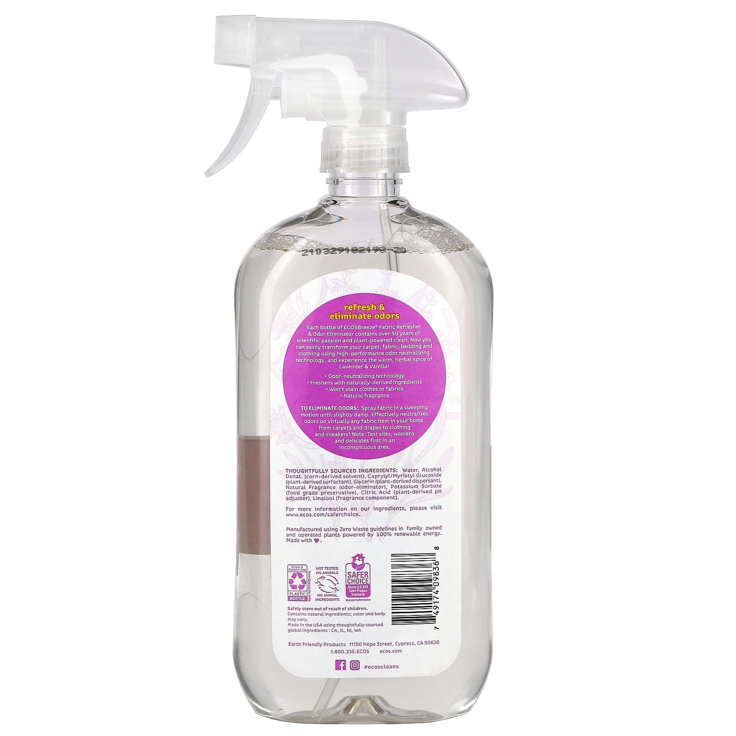 Earth Friendly Products, Ecos Breeze, Fabric Refresher & Odor Eliminator, Lavender Vanilla, 20 fl oz (591 ml)