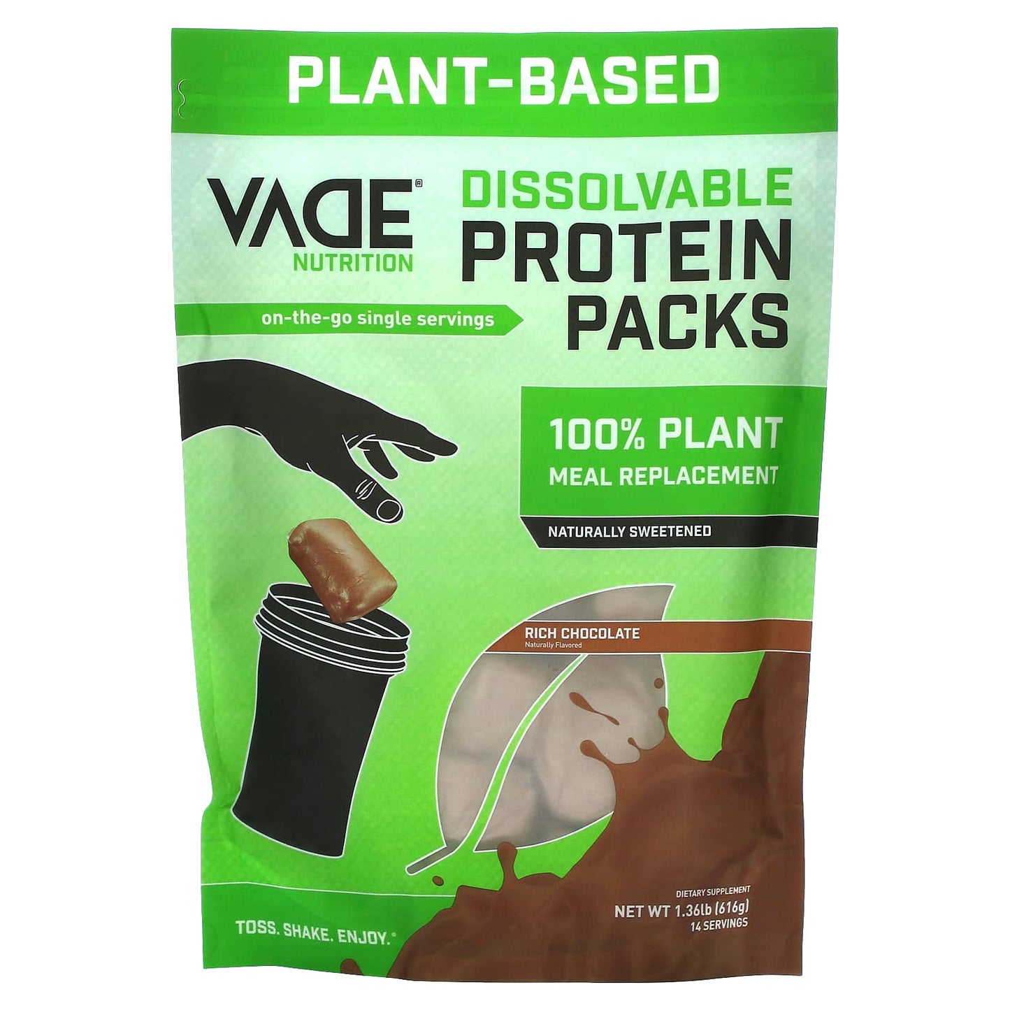 Vade Nutrition-Dissolvable Protein Packs-100% Plant Meal Replacement-Rich Chocolate-1.36 lbs (616 g)