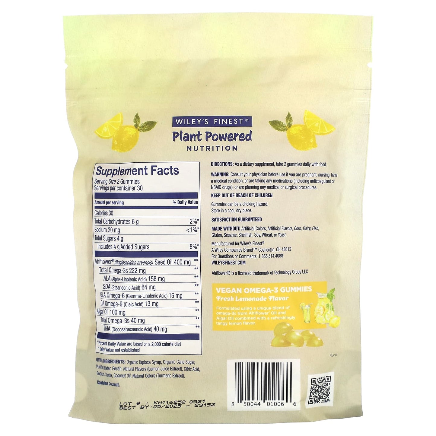 Wiley's Finest, Plant Powered Nutrition, Vegan Omega-3 Gummies, Fresh Lemonade, 262 mg, 60 Gummies (131 mg per Gummy)