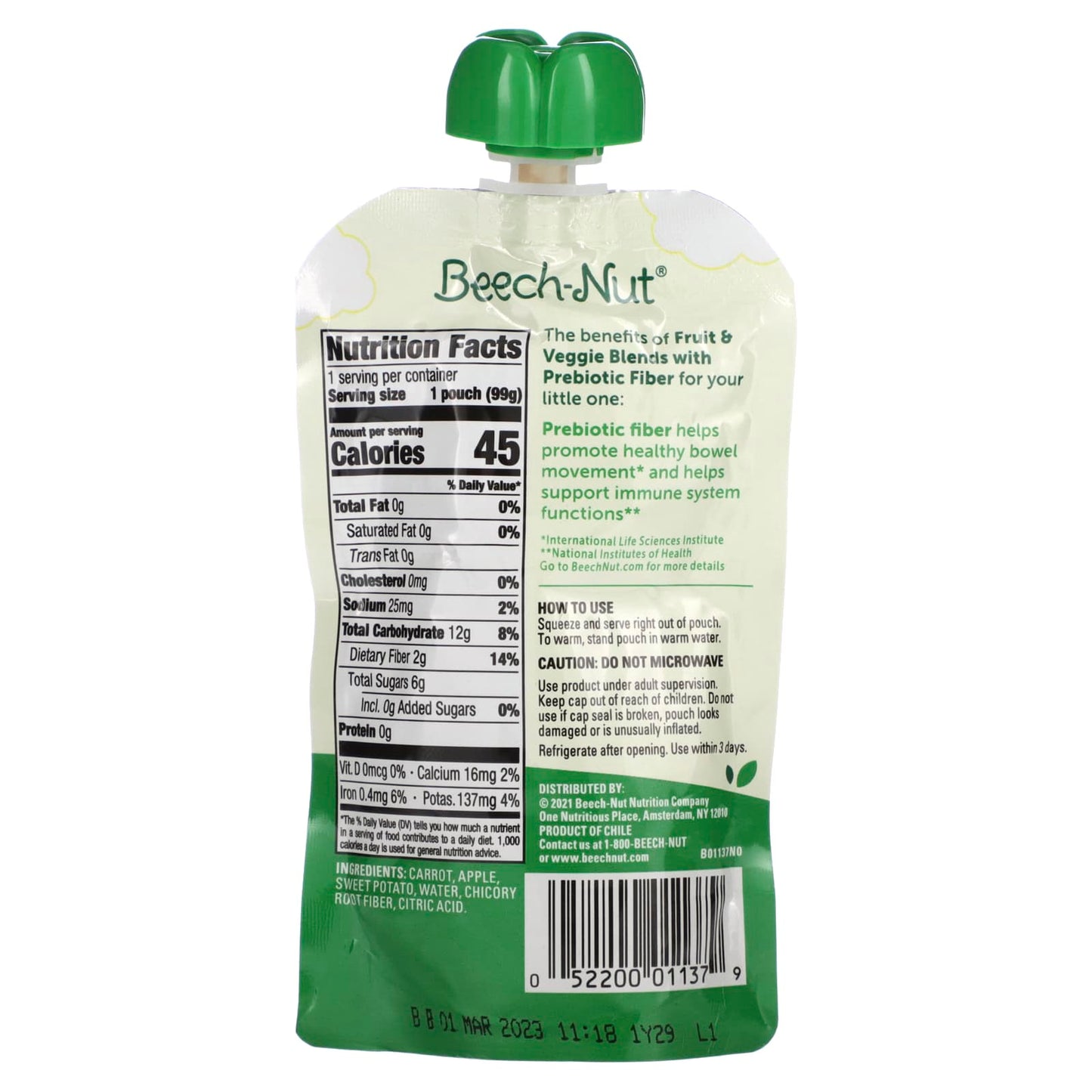 Beech-Nut, Fruit & Veggie Blends with Prebiotic Fiber, 12+ Months, Carrot, Apple & Sweet Potato, 3.5 oz (99 g)