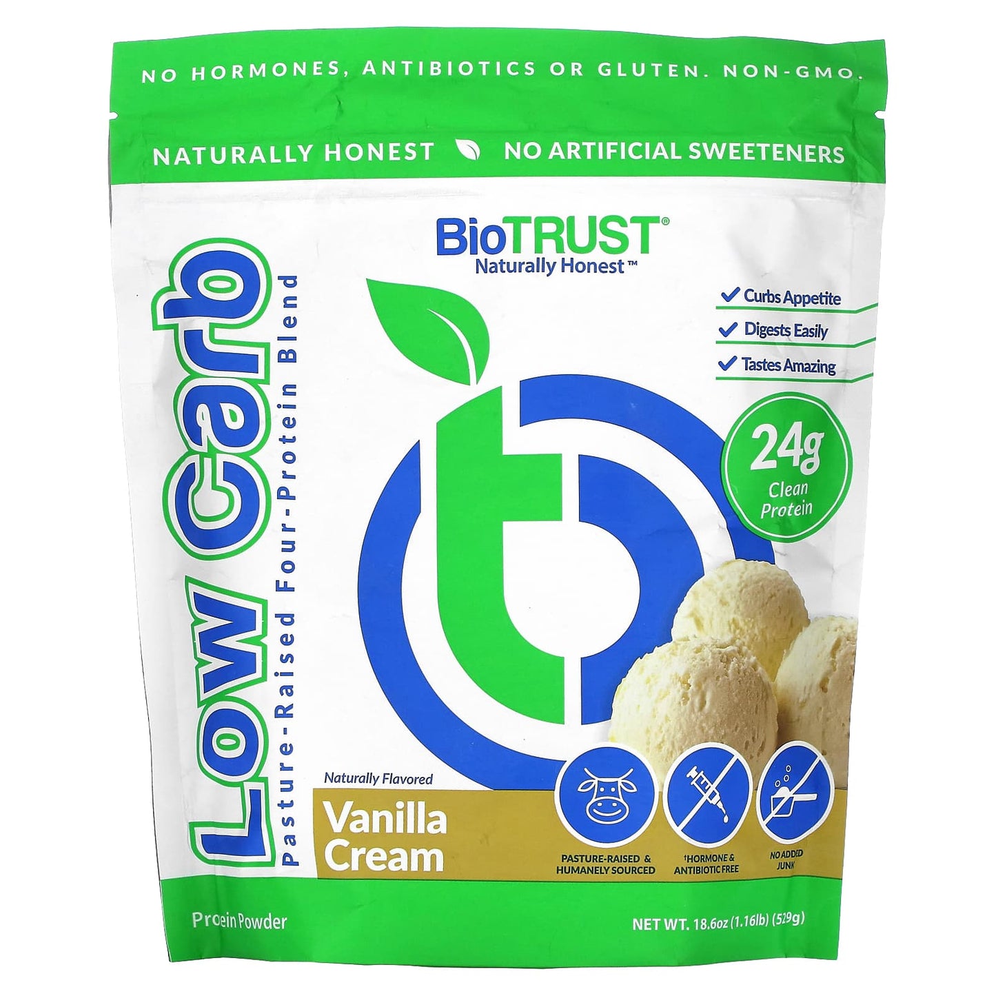 BioTRUST-Low Carb-Pasture-Raised Four-Protein Blend-Vanilla Cream-1.16 lb (529 g)