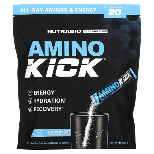 NutraBio-Amino Kick-Blue Raspberry-20 Stick Packs-0.32 oz (9 g) Each