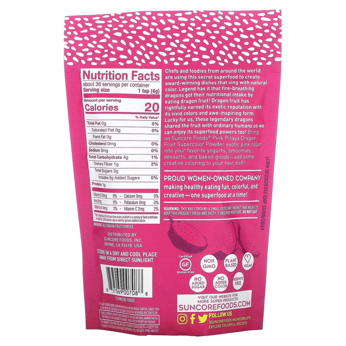 Suncore Foods, Pink Pitaya Supercolor Powder, Red Dragon Fruit, 5 oz (142 g)