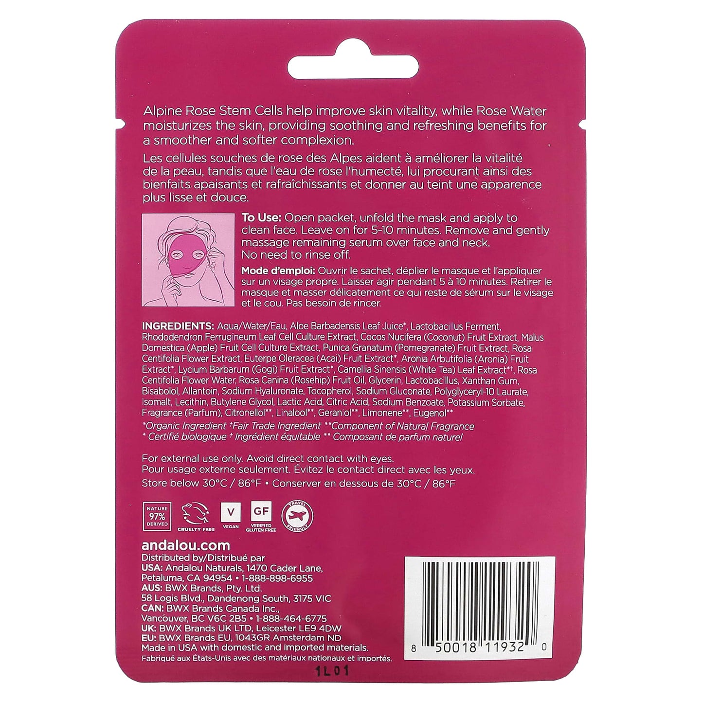 Andalou Naturals, Instant Soothe & Smooth, Hydro Serum Beauty Facial Mask, 1,000 Roses, 1 Fiber Sheet, 0.6 fl oz (18 ml)