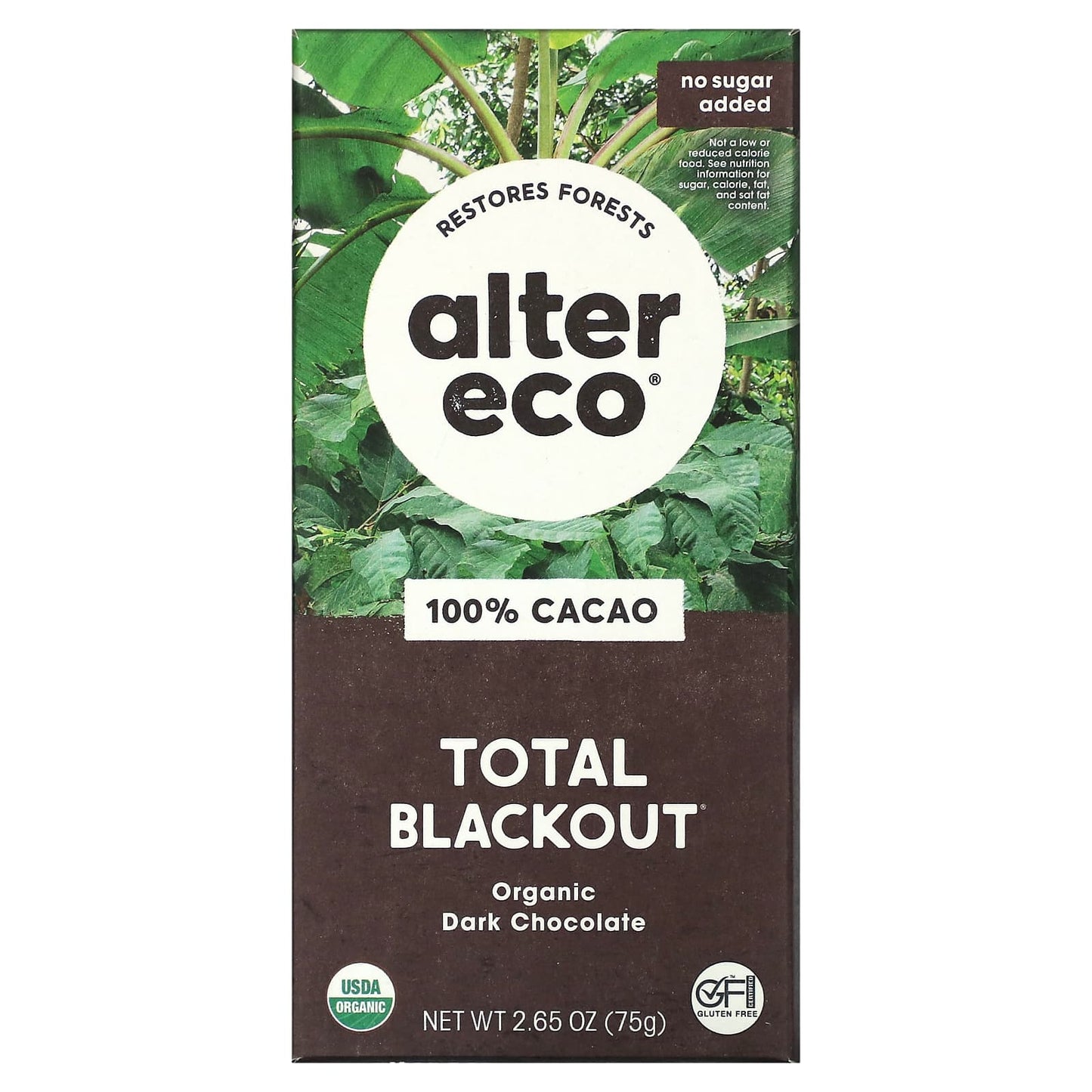 Alter Eco-Organic Dark Chocolate Bar-Total Blackout-100% Cacao-2.65 oz (75 g)