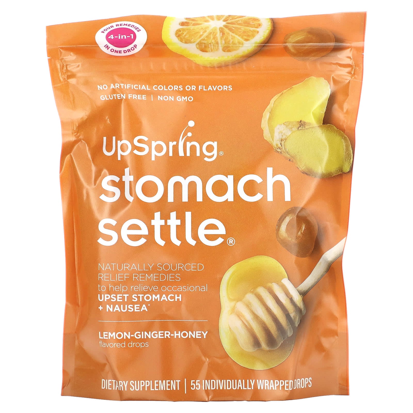 UpSpring-Stomach Settle-Lemon-Ginger-Honey-55 Individually Wrapped Drops