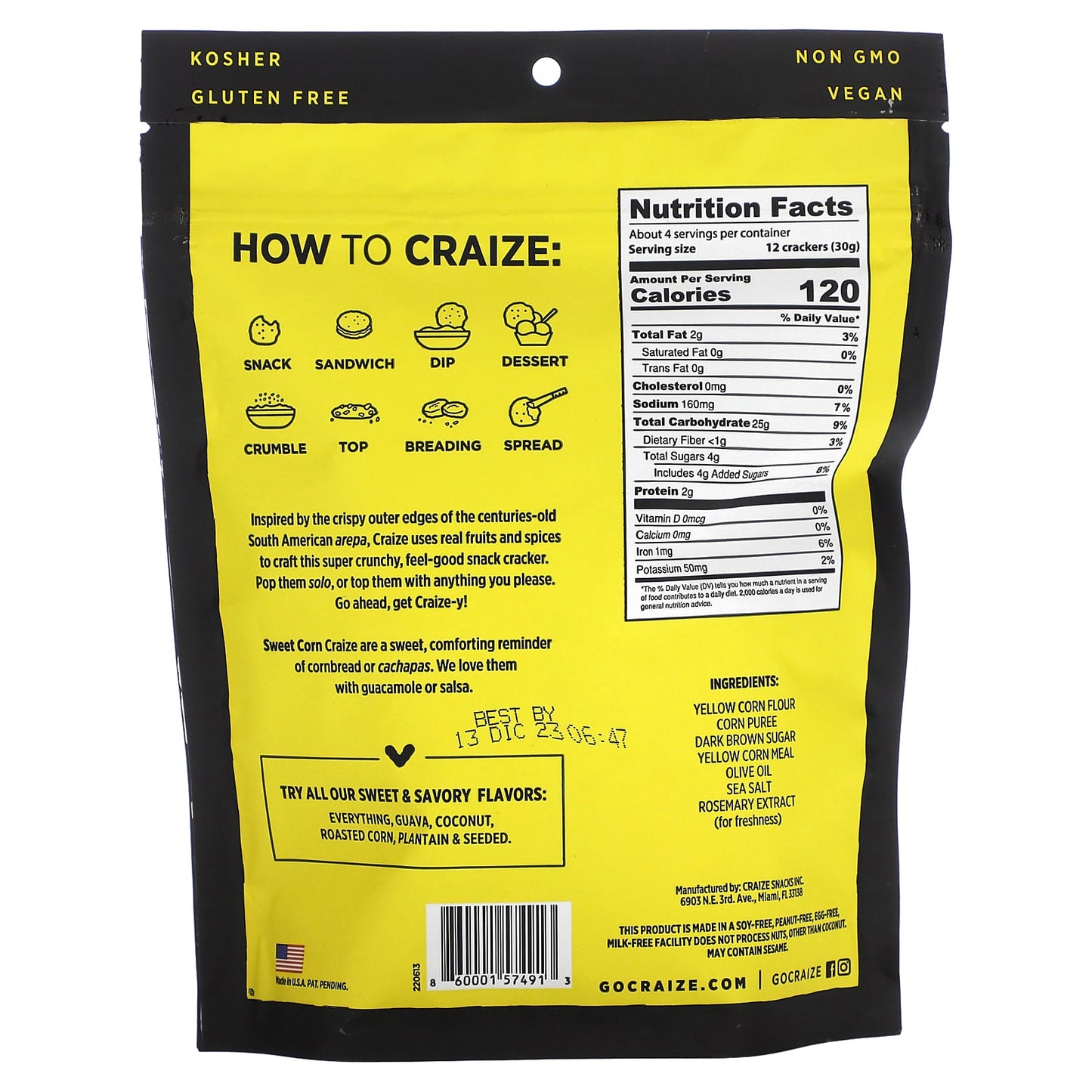 Craize, Toasted Snack Crackers, Sweet Corn, 4 oz (113 g)