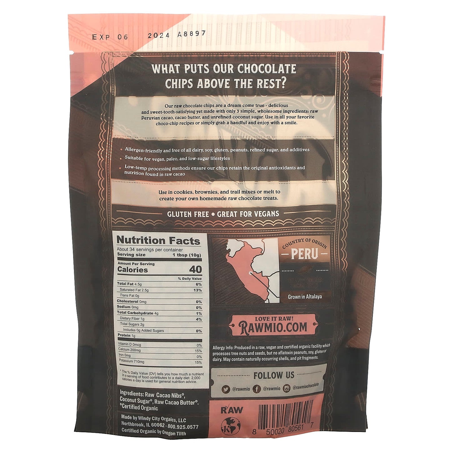 Rawmio, Organic Chocolate Chips, 70% Raw Cacao, 0.75 lb (12 oz)