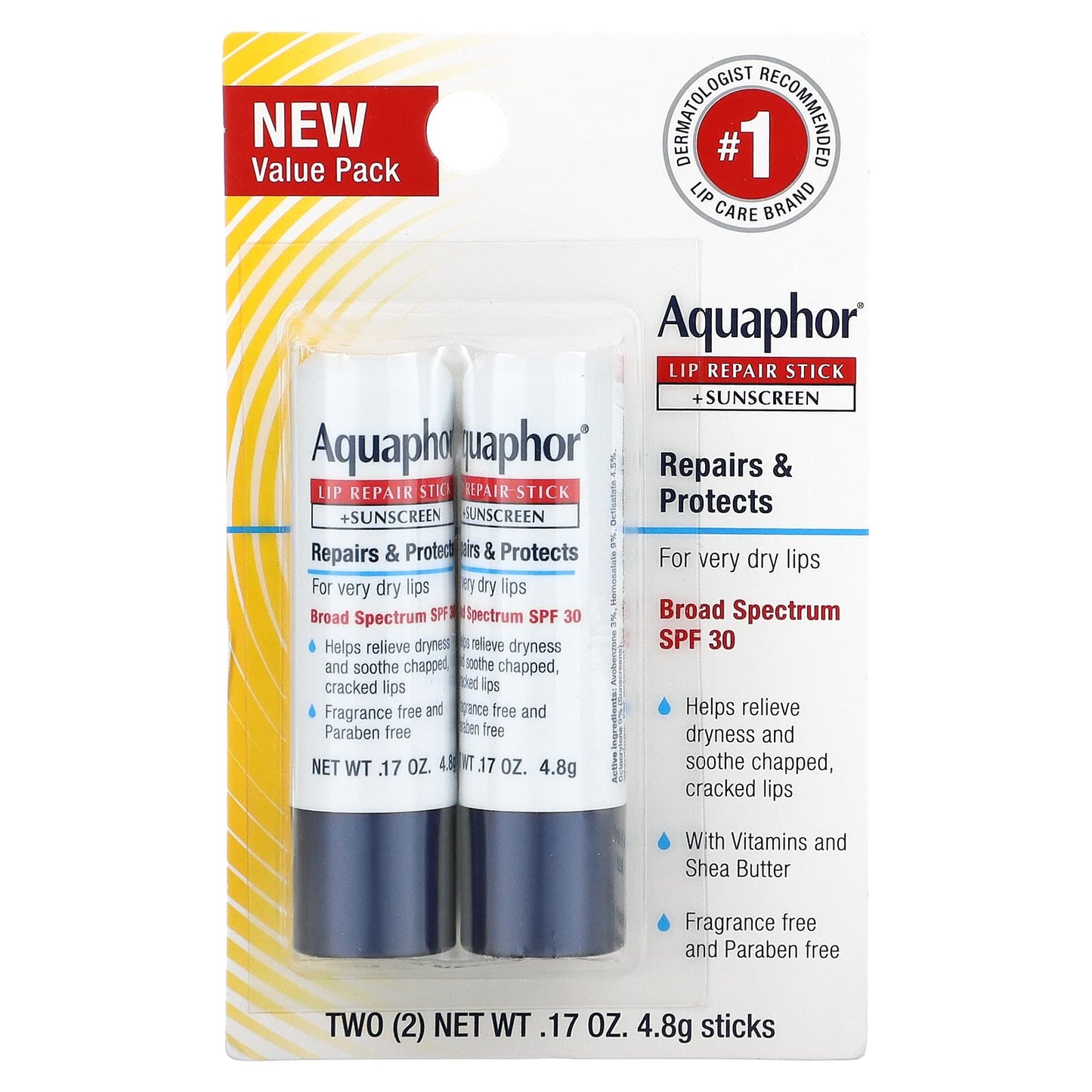 Aquaphor, Lip Repair Stick + Sunscreen, SPF 30, Fragrance Free, Dual Pack, 2 Sticks, 0.17 oz (4.8 g) Each