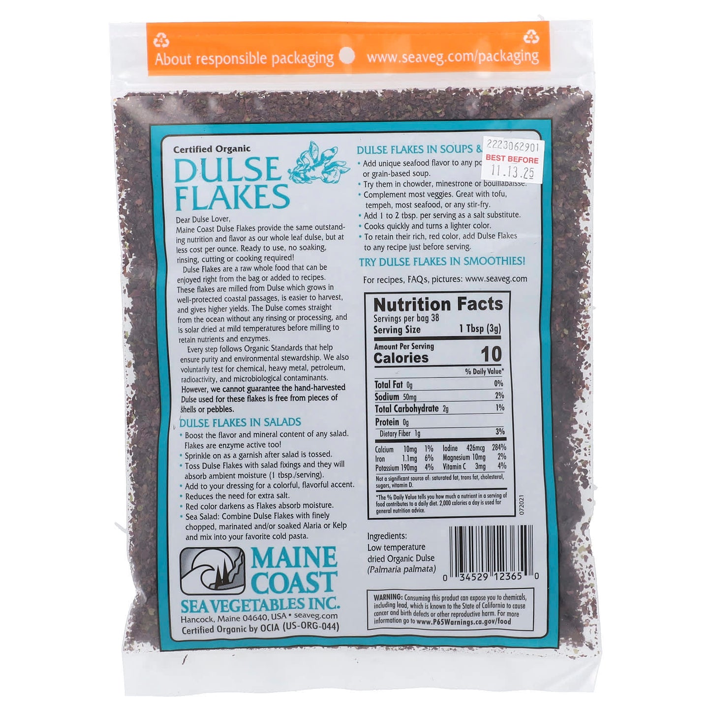 Maine Coast Sea Vegetables, Dulse Flakes, 4 oz (113 g)