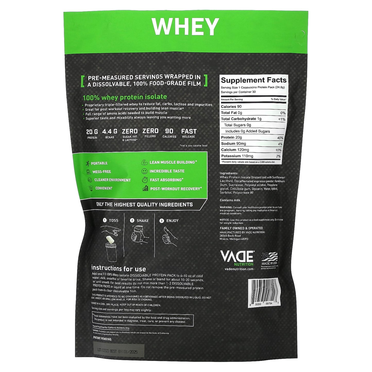 Vade Nutrition, Dissolvable Protein Packs, 100% Whey Isolate, Cappuccino, 1.6 lb (744 g)