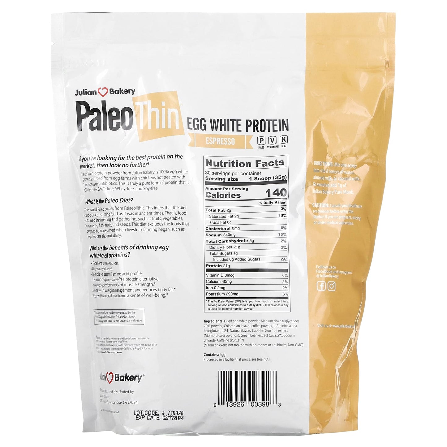 Julian Bakery, Paleo Thin, Egg White Protein, Espresso, 2.31 lbs (1,050 g)