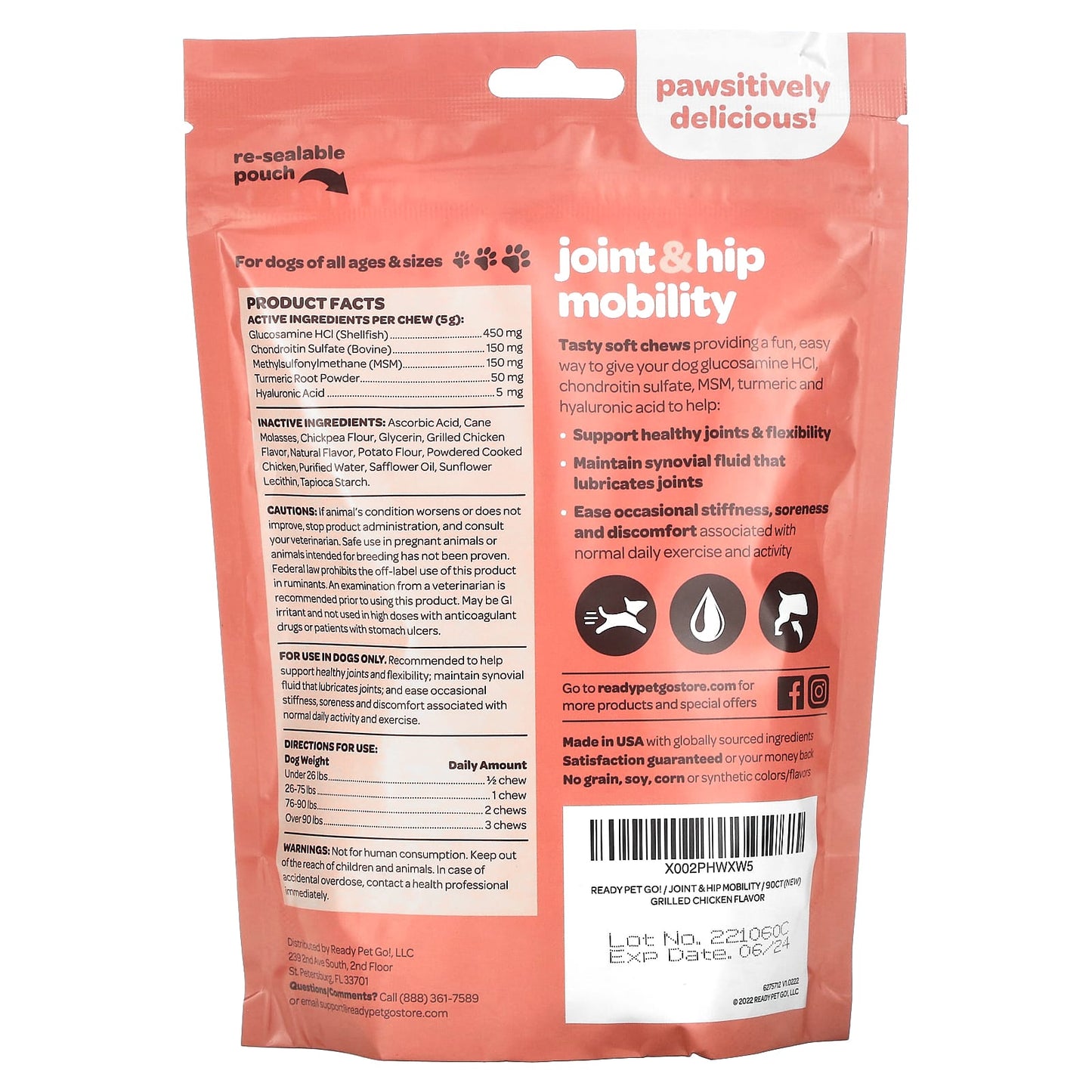 Ready Pet Go, Joint & Hip Mobility, For Dogs, All Ages, Grilled Chicken, 90 Soft Chews, 15.9 oz (450 g)