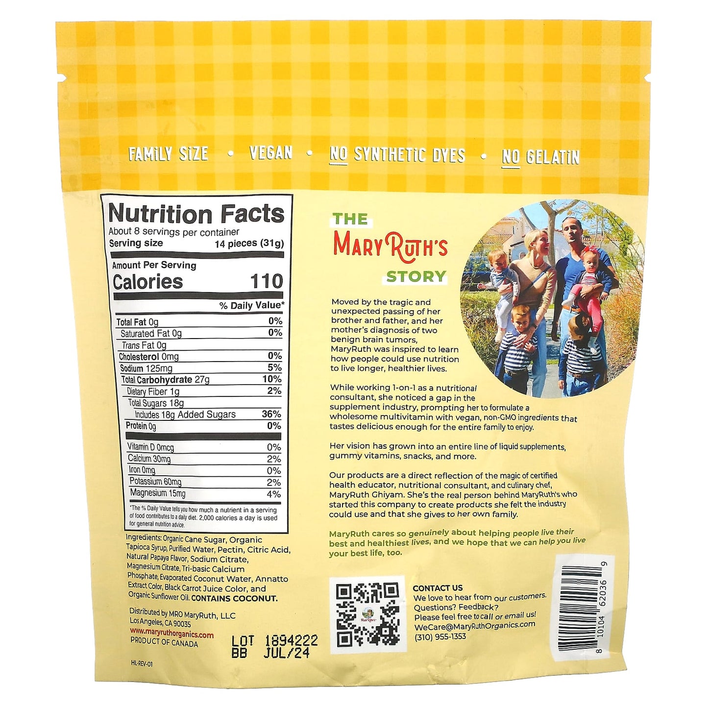 MaryRuth's, Gummy Bear Snacks with Electrolytes and Fiber, Papaya, 240 g