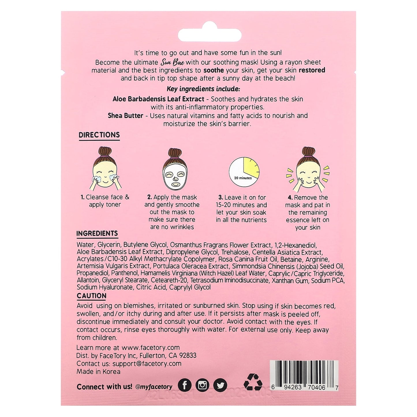 FaceTory, Sun Bae Soothing Beauty Mask, 1 Sheet, 0.78 fl oz (22 g)