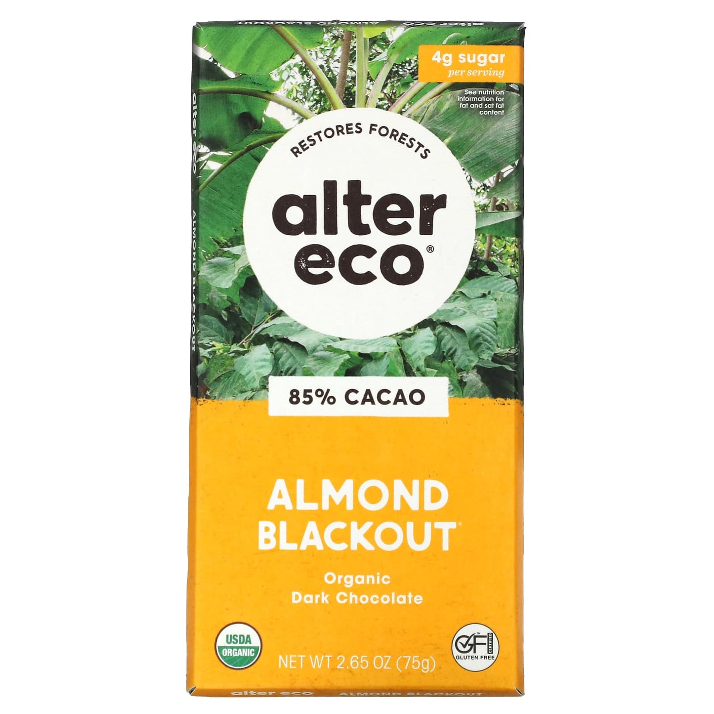 Alter Eco-Organic Dark Chocolate Bar-Almond Blackout-85% Cacao-2.65 oz (75 g)