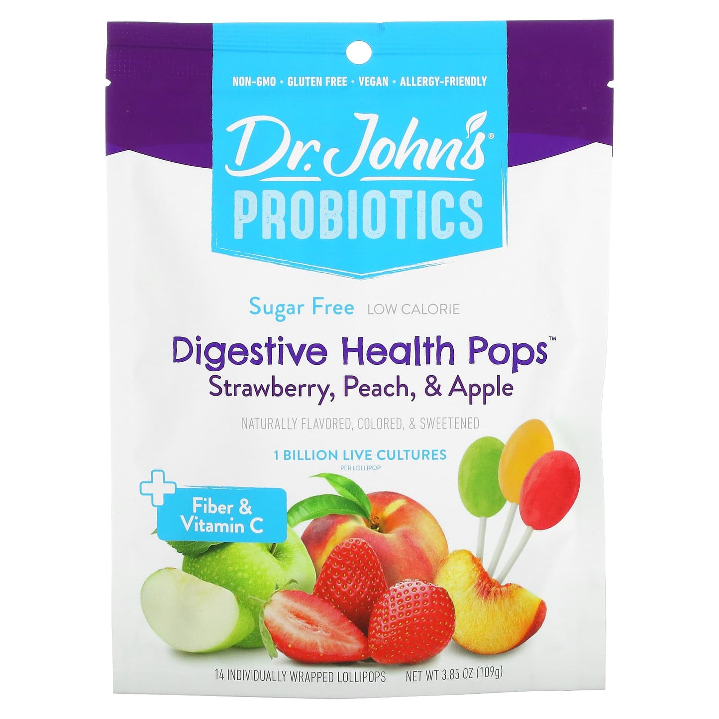 Dr. John's Healthy Sweets-Probiotics-Digestive Health Pops-+ Fiber & Vitamin C-Strawberry-Peach & Apple-Sugar Free-1 Billion-14 Individually Wrapped Lollipops-3.85 oz (109 g)