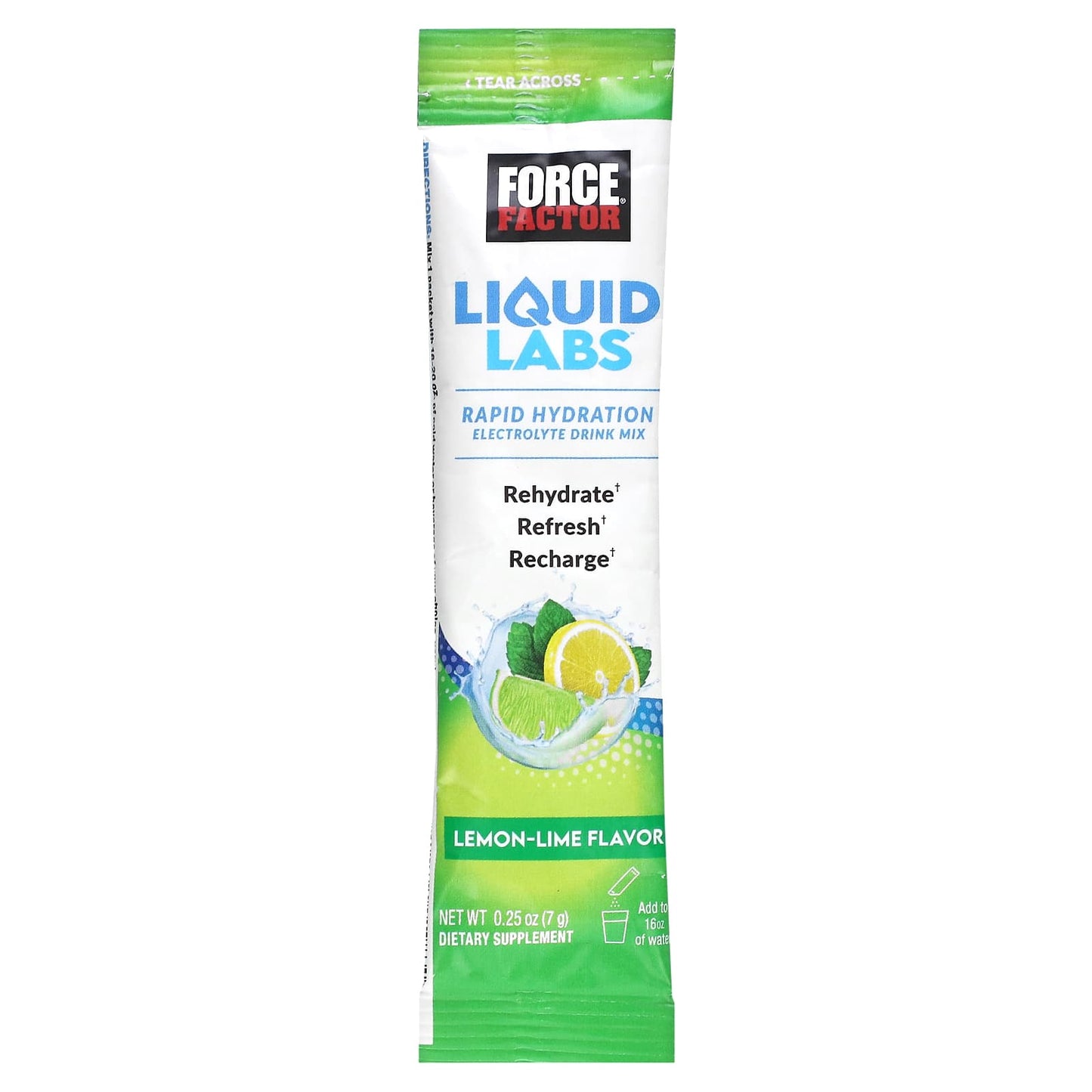 Force Factor-Liquid Labs-Rapid Hydration Electrolyte Drink Mix-Lemon-Lime-1 Stick-0.25 oz (7 g)