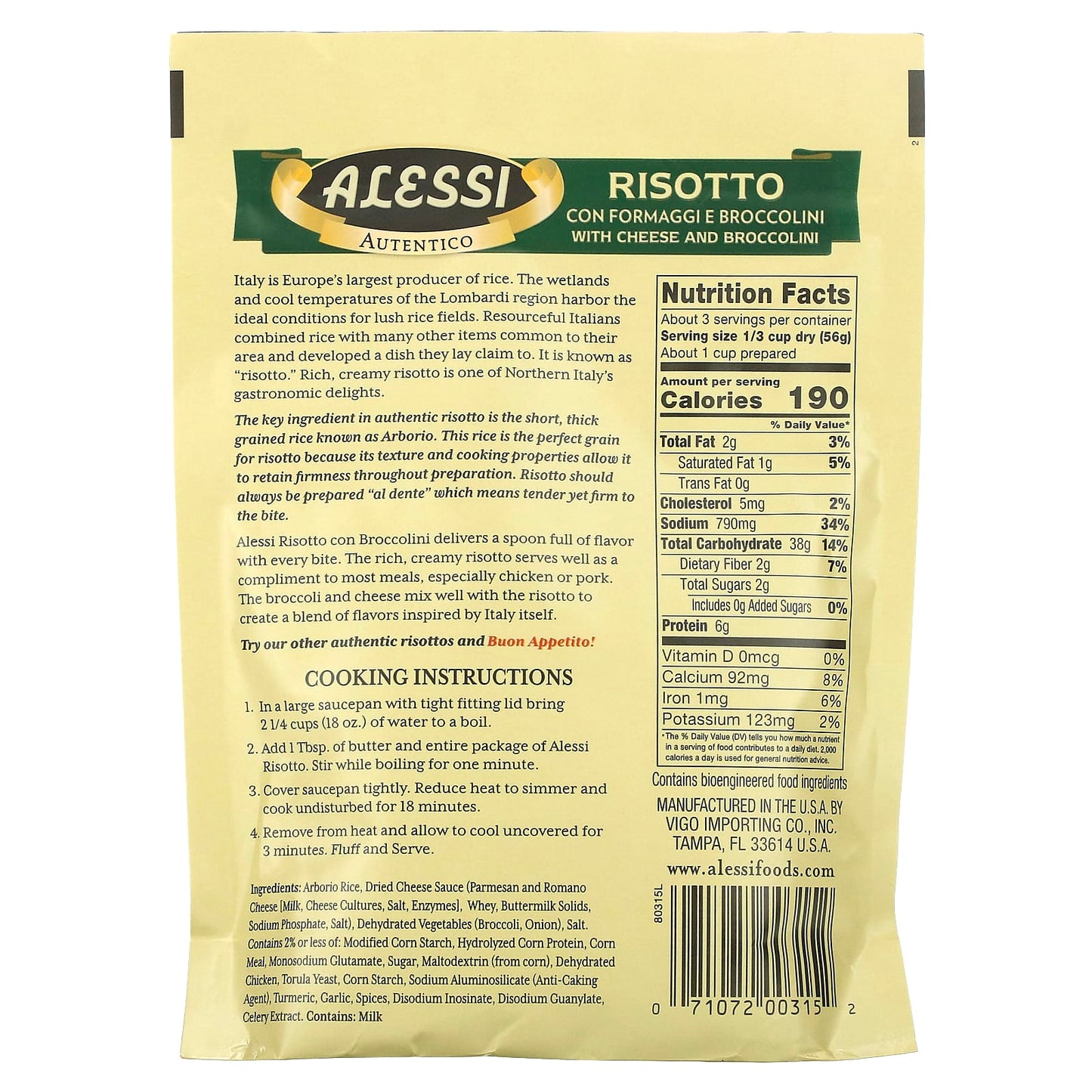 Alessi, Premium Risotto with Cheese and Broccolini and Italian Arborio Rice, 6.5 oz (184 g)