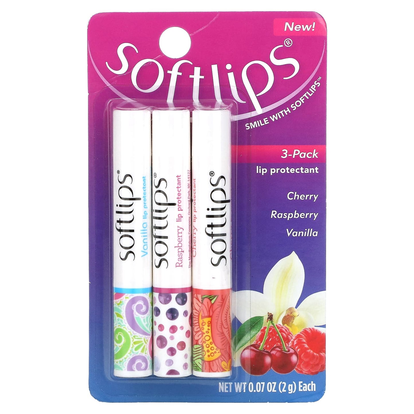 Softlips, Lip Protectant, Cherry, Raspberry, Vanilla, 3 Pack, 0.07 oz (2 g) Each