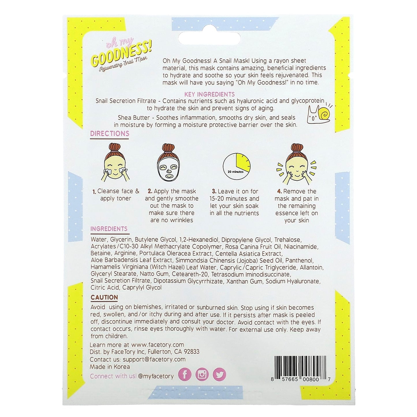 FaceTory, Oh My Goodness, Rejuvenating Snail Beauty Mask, 1 Sheet Mask, 0.78 fl oz (22 g)