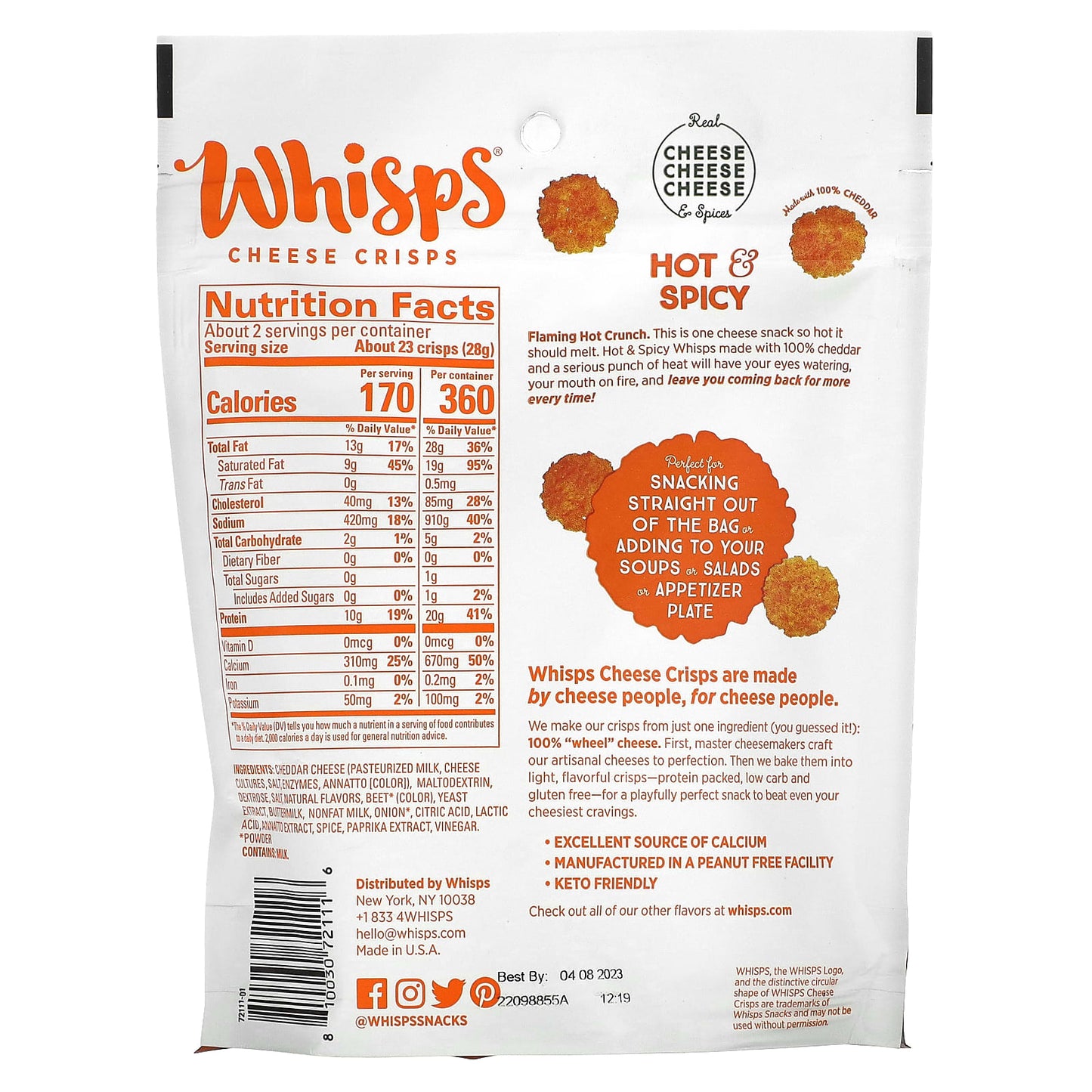 Whisps, Cheese Crisps, Hot & Spicy, 2.12 oz (60 g)