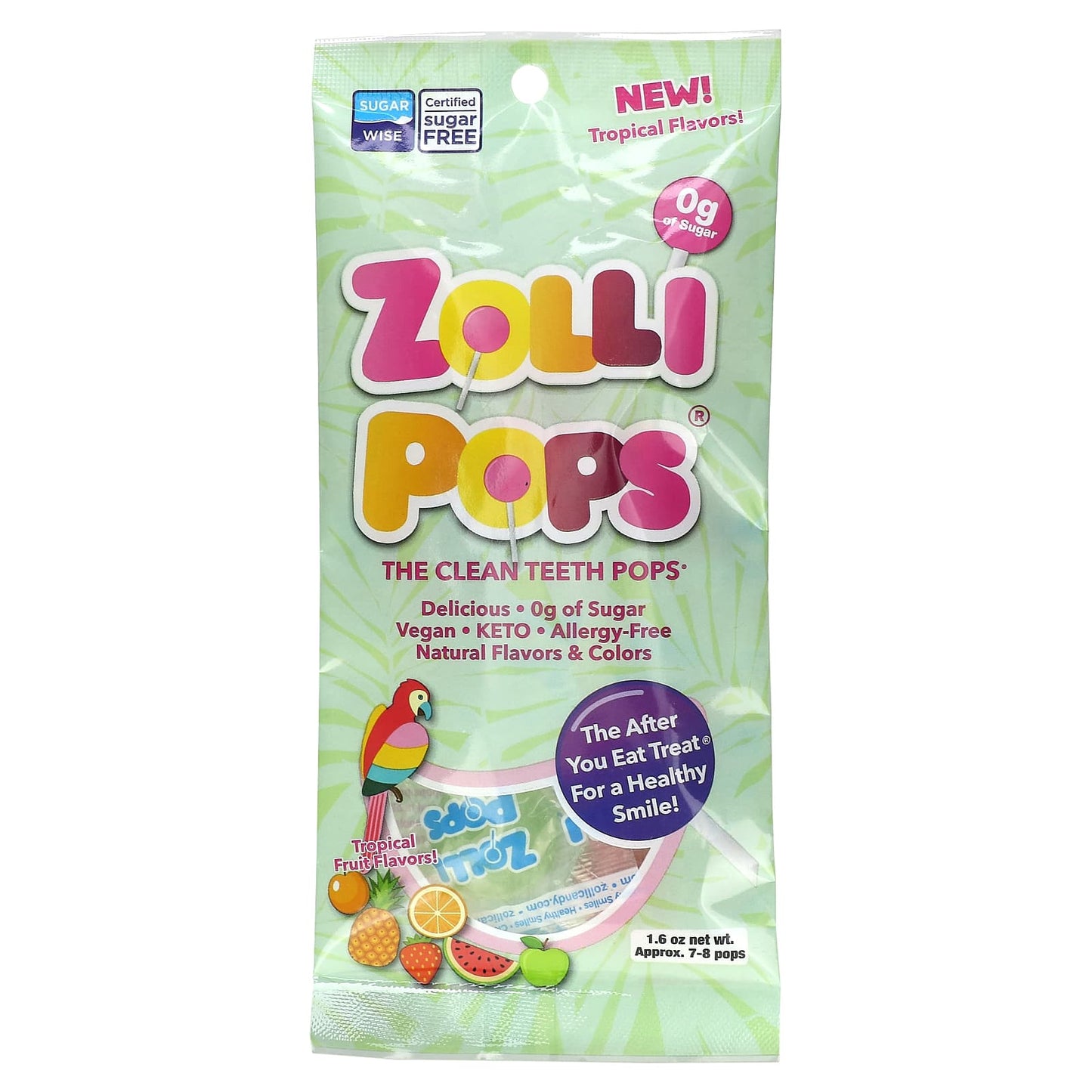 Zollipops-Zolli Pops-The Clean Teeth Drops-Tropical Fruit-Approx. 7-8 Pops-1.6 oz