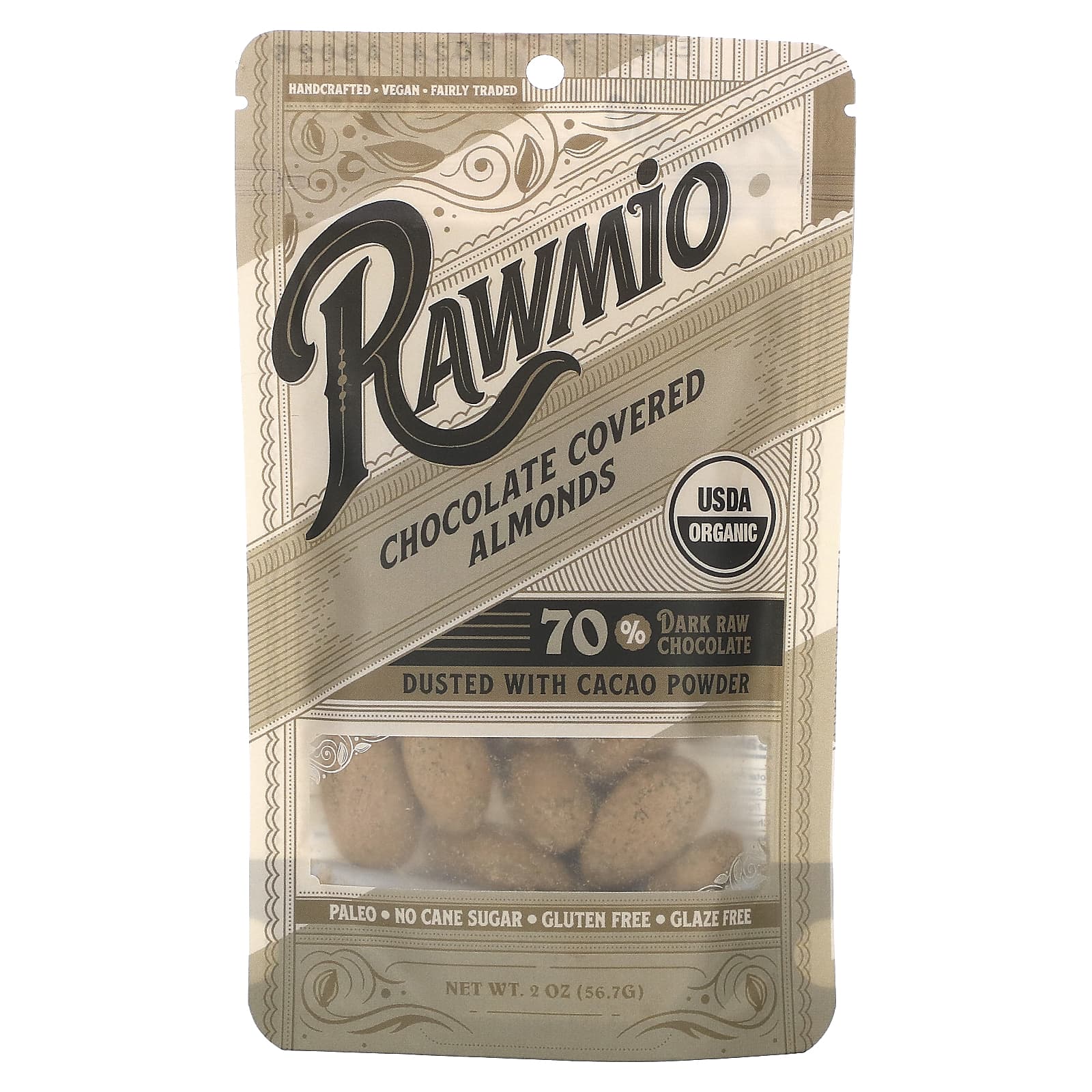 Rawmio-Chocolate Covered Almonds-70% Dark Raw Chocolate-2 oz (56.7 g)