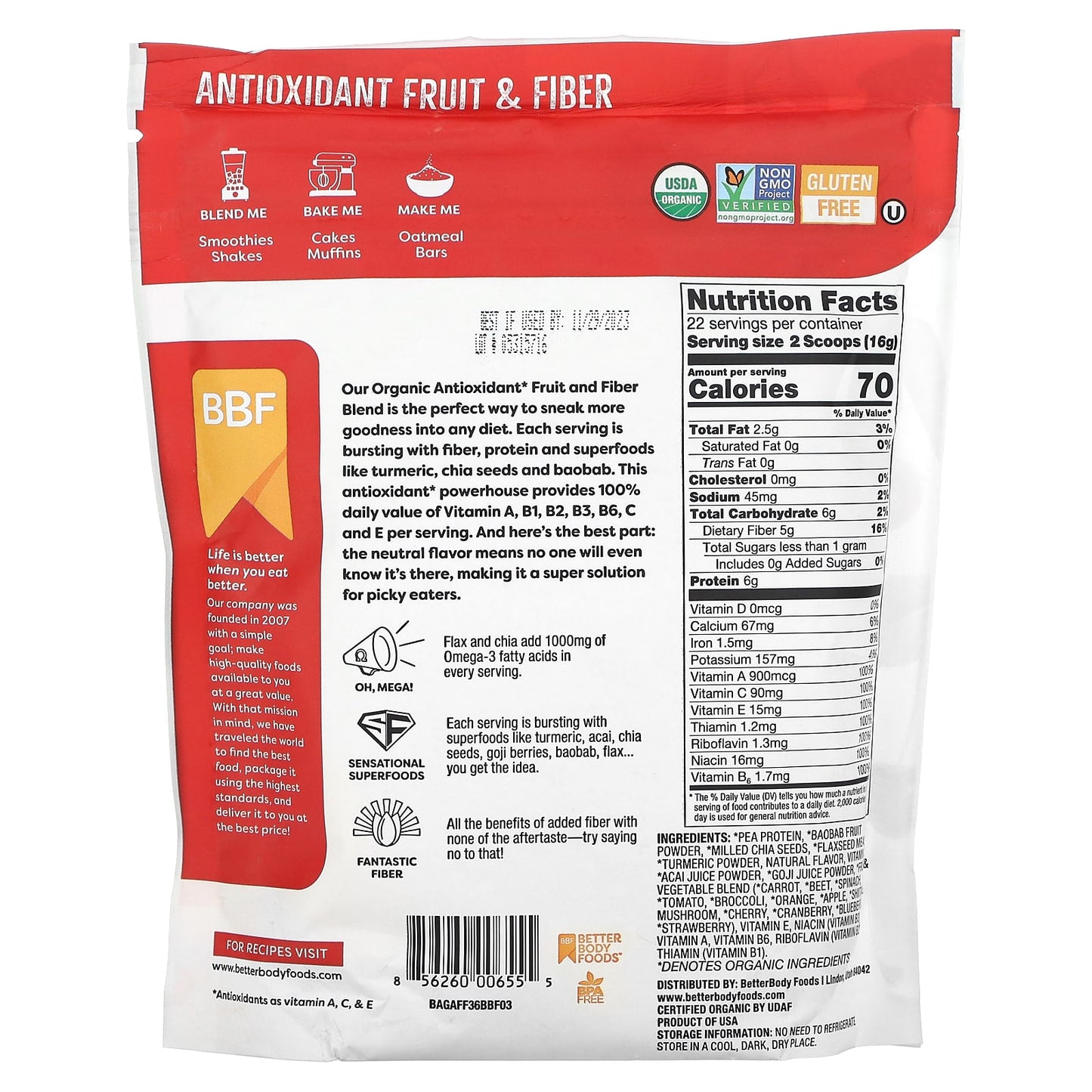 BetterBody Foods, Organic Antioxidant Fruit & Fiber with Turmeric, 12.7 oz (360 g)