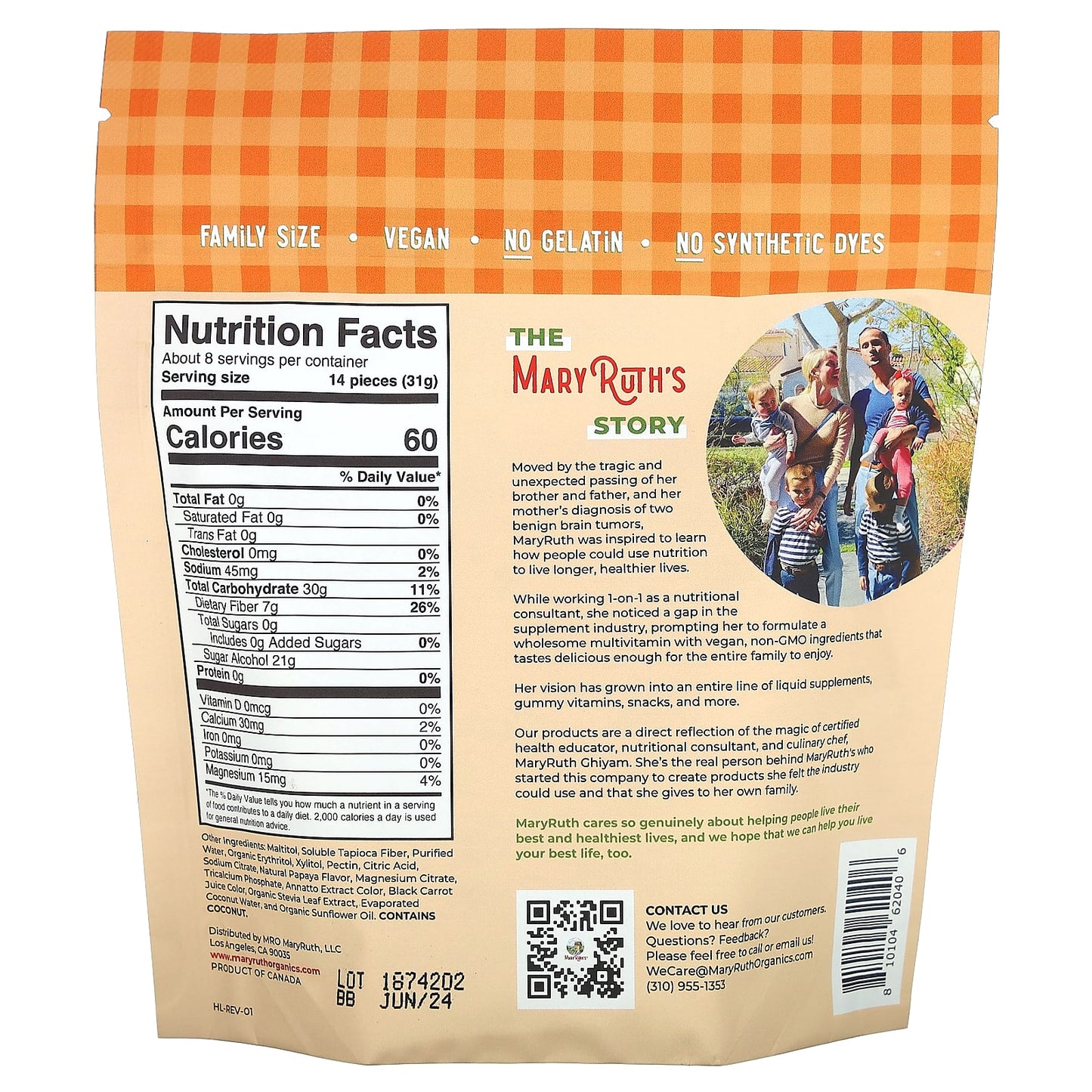 MaryRuth's, Gummy Bear Snacks, Papaya, 240 g