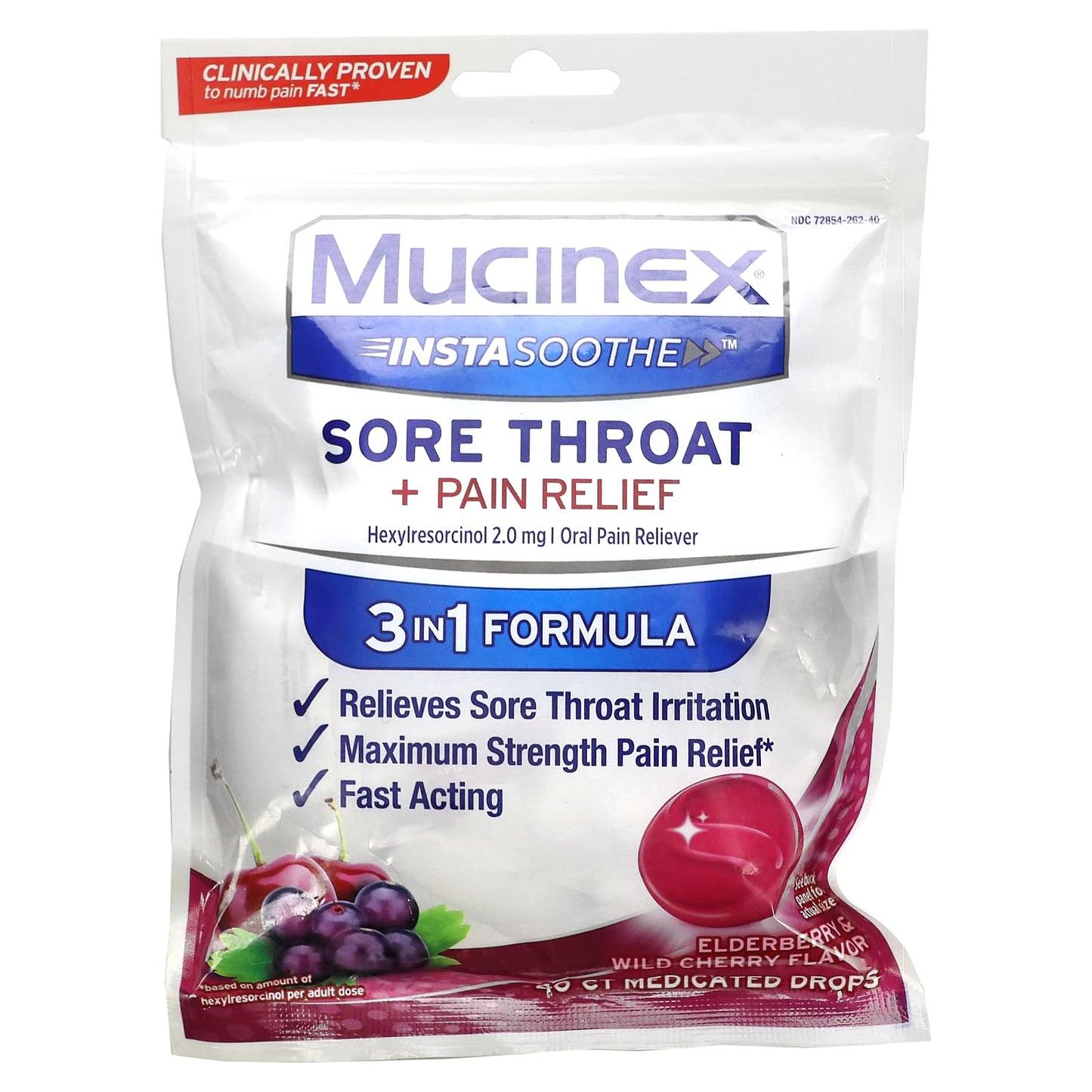 Mucinex-InstaSoothe-Sore Throat + Pain Relief-Elderberry & Wild Cherry-40 Medicated Drops