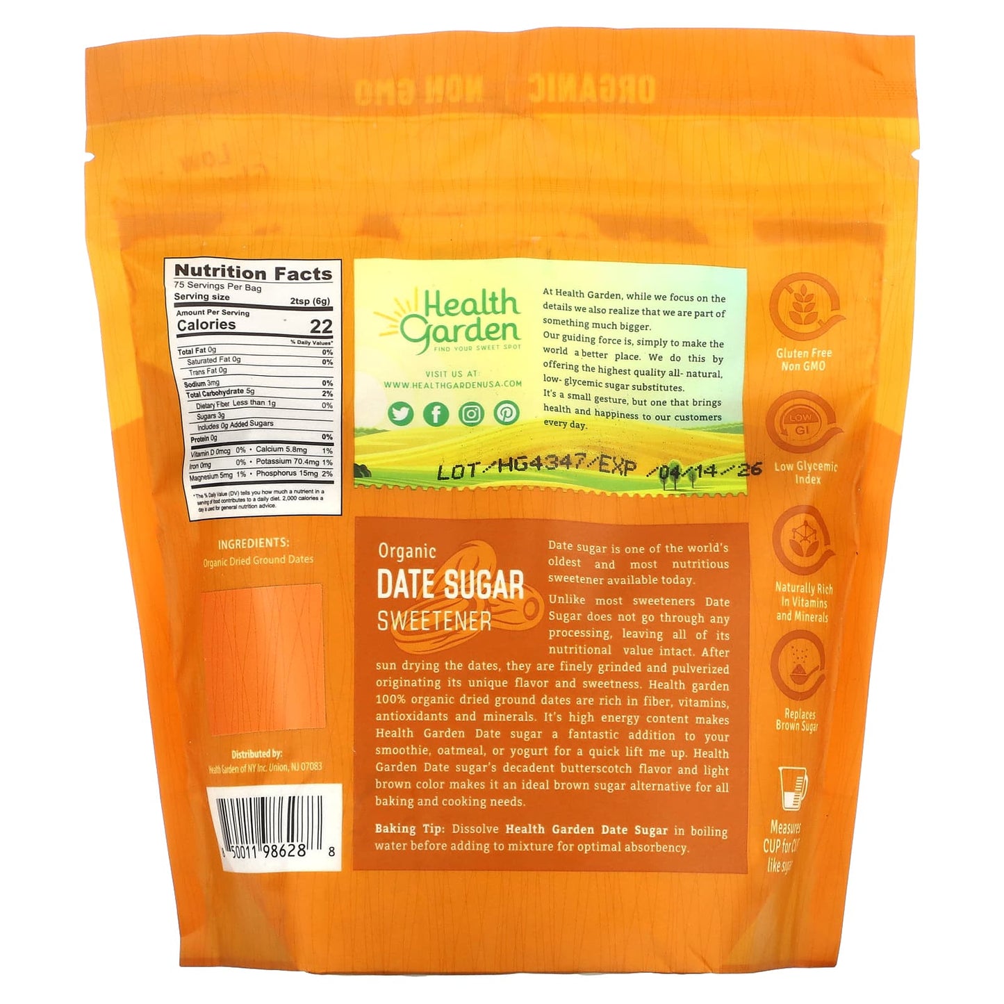 Health Garden, Organic Date Sugar Sweetener, 16 oz (453 g)