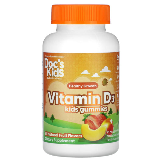 Doctor's Best-Doc's Kids-Vitamin D3 Kids Gummies-All Natural Fruit-25 mcg (1,000 IU)-60 Natural Fruit Pectin Gummies