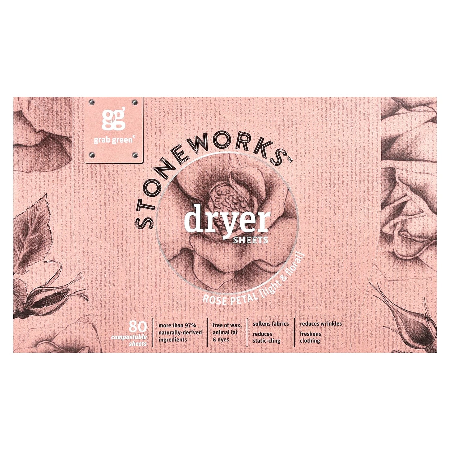 Grab Green-Stoneworks-Dryer Sheets-Rose Petal-80 Compostable Sheets