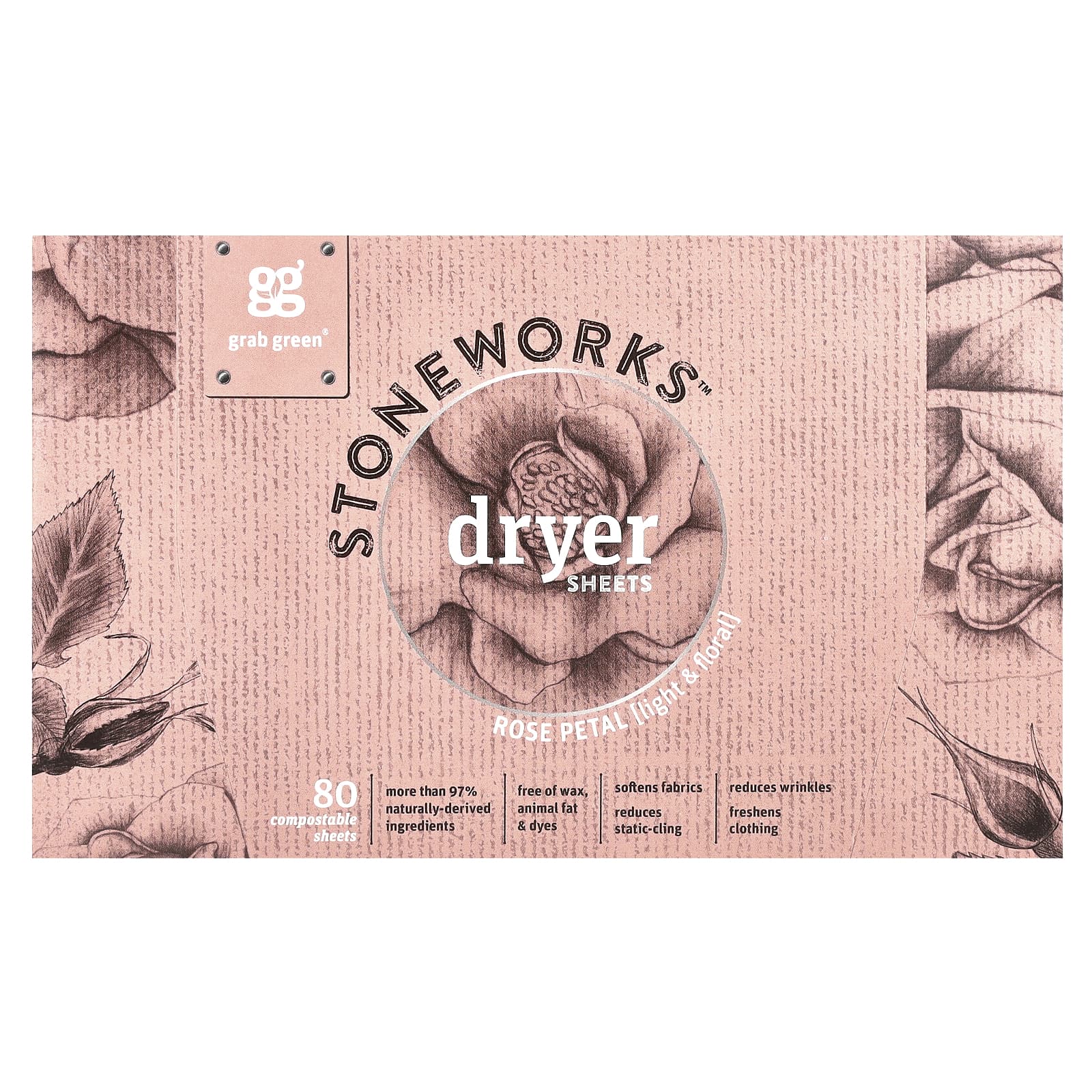 Grab Green-Stoneworks-Dryer Sheets-Rose Petal-80 Compostable Sheets