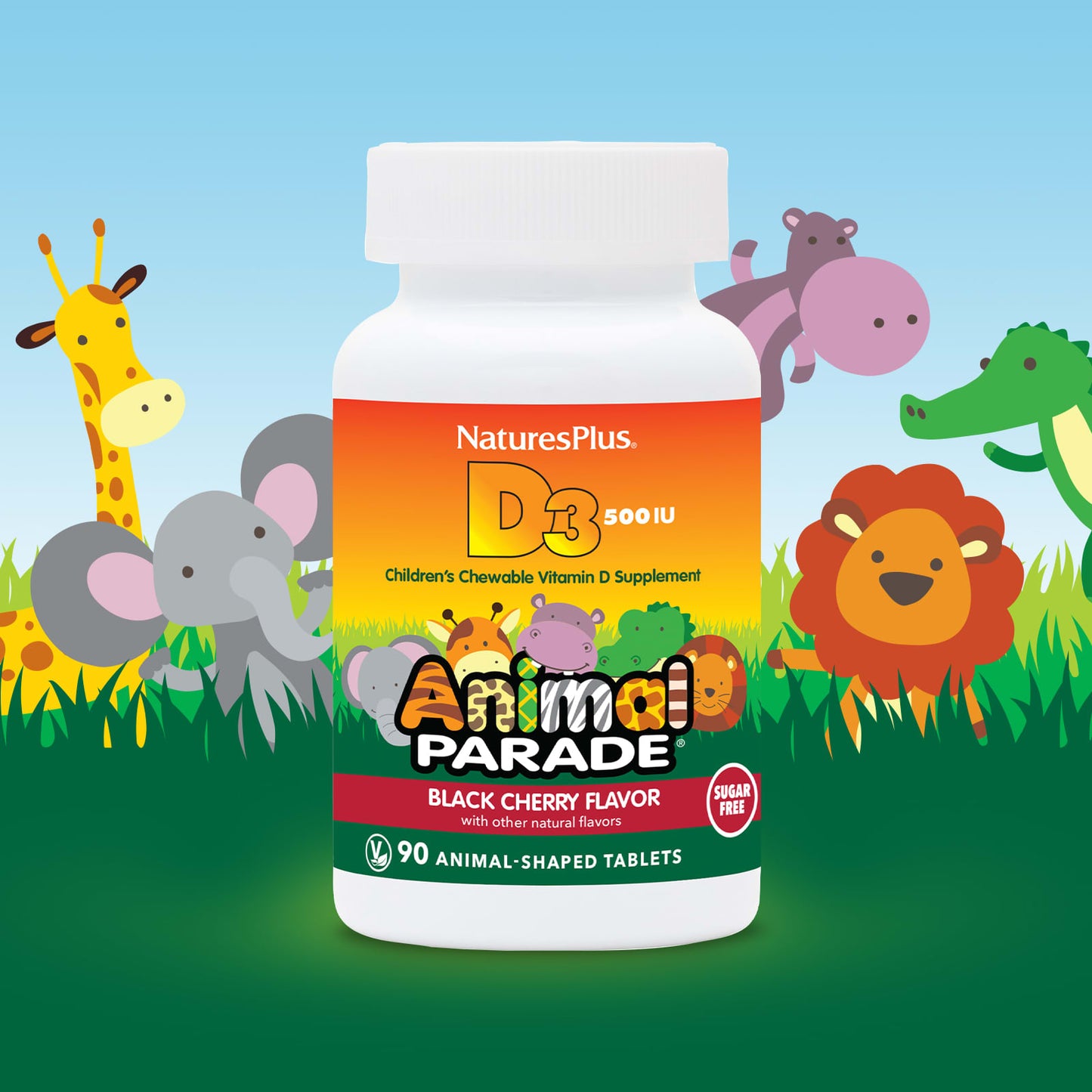 NaturesPlus, Animal Parade, Vitamin D3, Sugar Free, Black Cherry, 500 IU, 90 Animal-Shaped Tablets