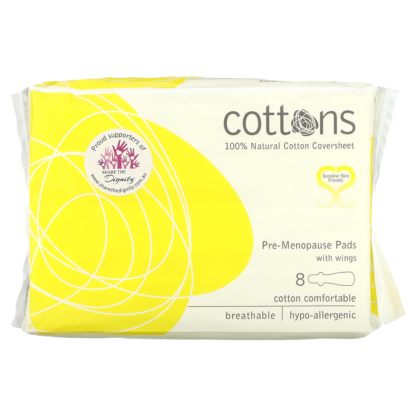 Cottons-100% Natural Cotton Coversheet-Pre-Menopause Pads with Wings-8 Pads