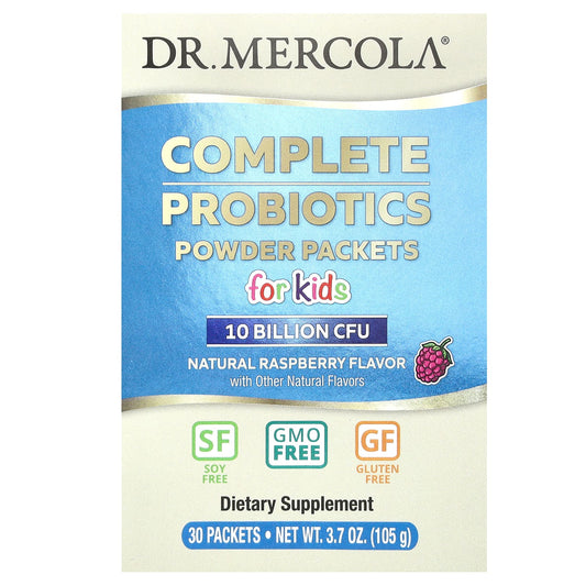 Dr. Mercola-Complete Probiotics Powder Packets for Kids-Natural Raspberry -10 Billion CFU-30 Packets-0.12 oz (3.5 g) Each