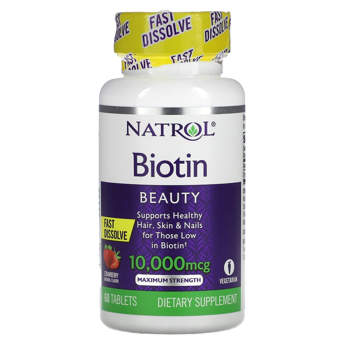 Natrol-Biotin-Fast Dissolve-Maximum Strength-Strawberry-10,000 mcg-60 Tablets