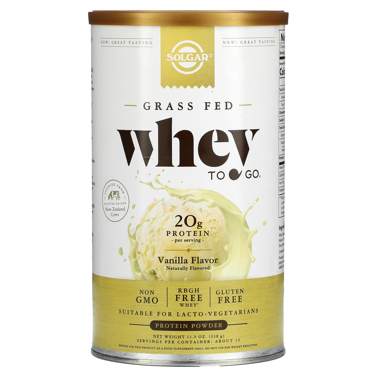 Solgar-Grass Fed Whey To Go- Protein Powder-Vanilla-11.9 oz (338 g)