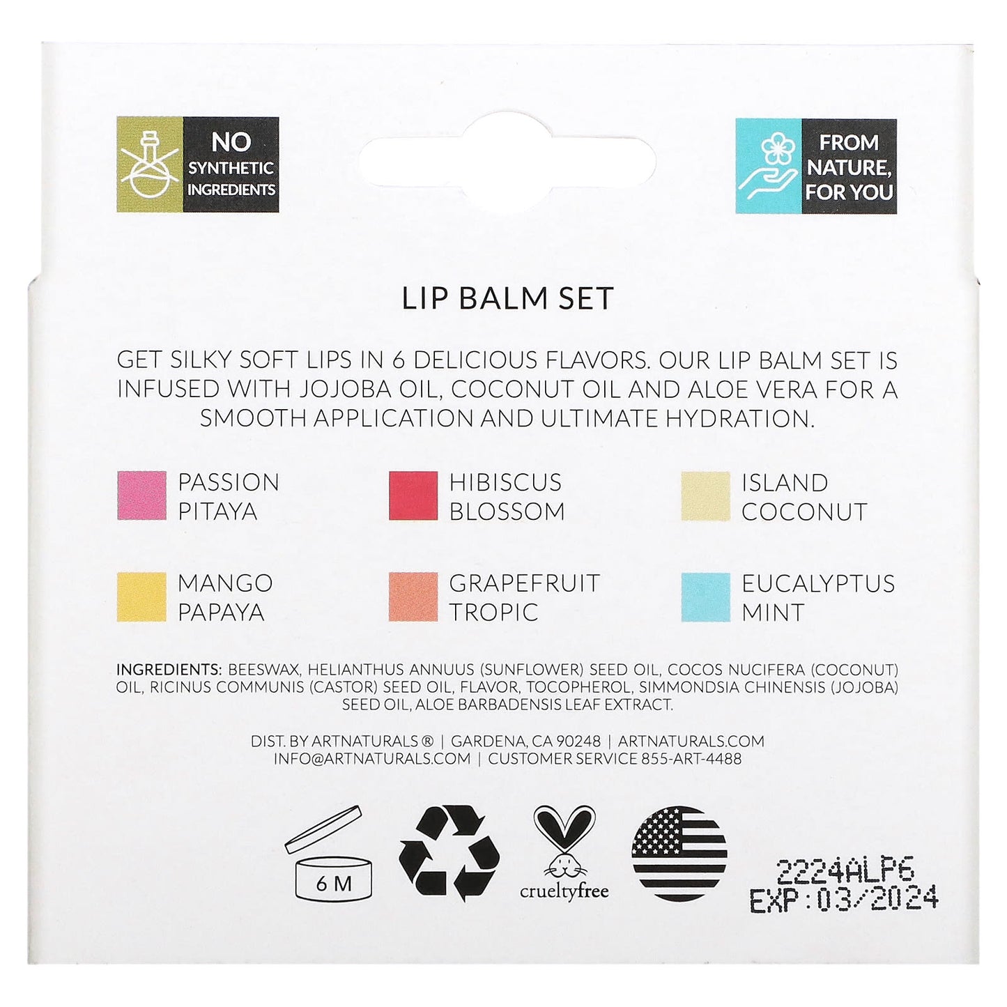 artnaturals, Lip Balm Set, 6 Lip Balms, 0.15 oz (4.25 g) Each