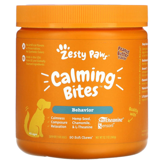 Zesty Paws-Calming Bites for Dogs-Behavior-All Ages-Peanut Butter-90 Soft Chews-12.7 oz (360 g)