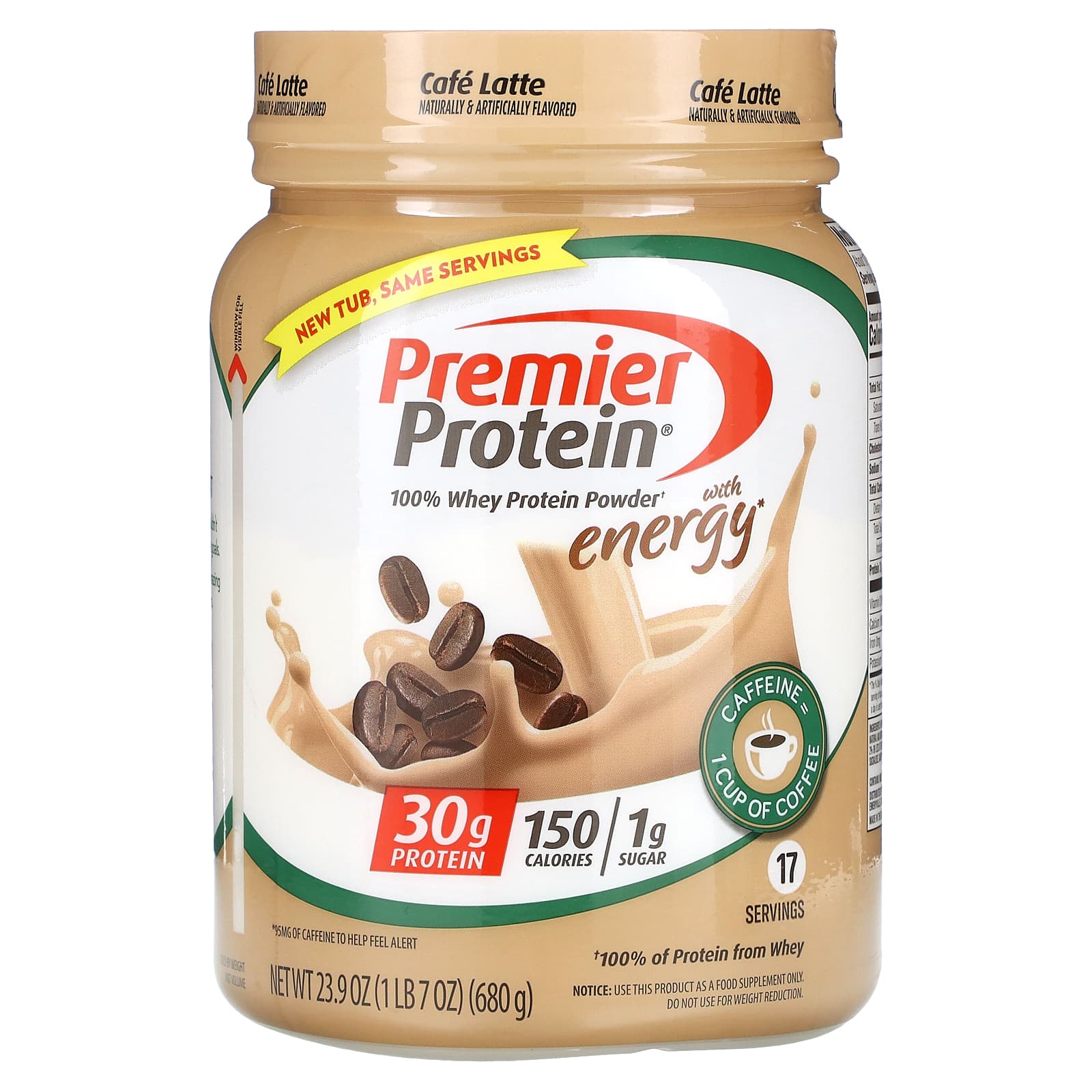 Premier Protein-100% Whey Protein Powder with Energy-Cafe Latte-23.9 oz (680 g)