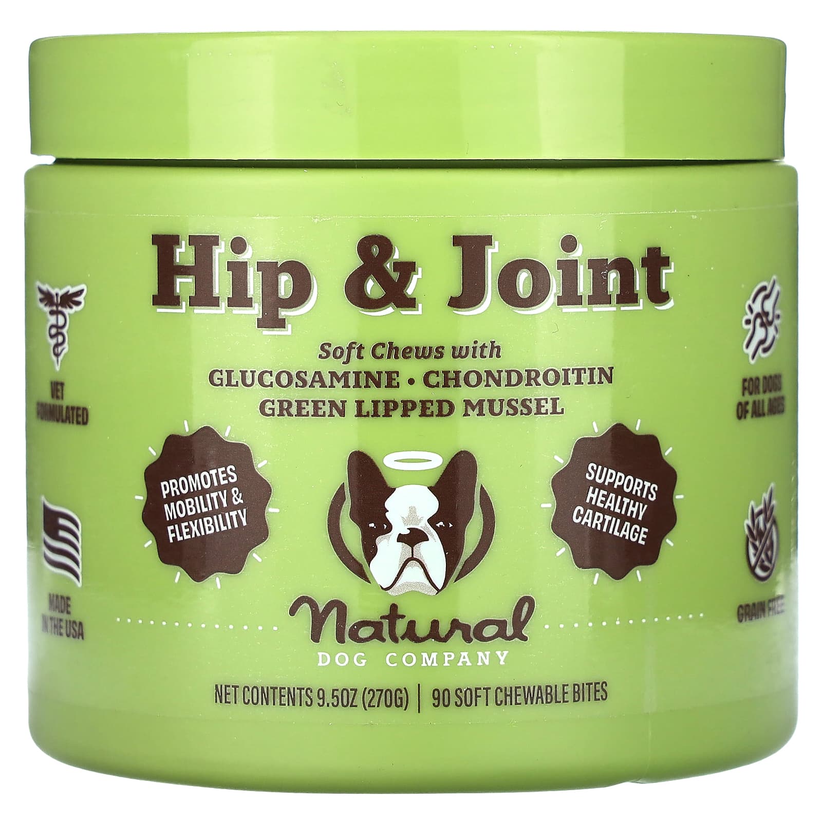 Natural Dog Company-Hip & Joint-For Dogs-All Ages-90 Soft Chewable Bites-9.5 oz (270 g)