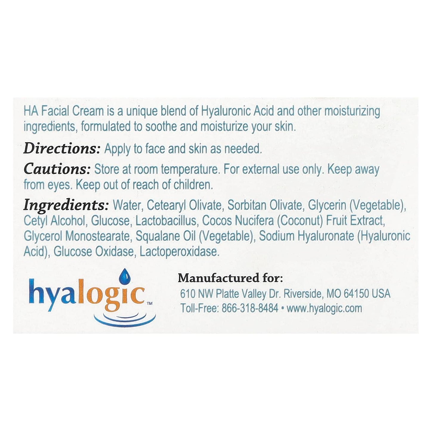 Hyalogic, HA Facial Cream with Hyaluronic Acid, Fragrance Free, 2 oz (56.7 g)