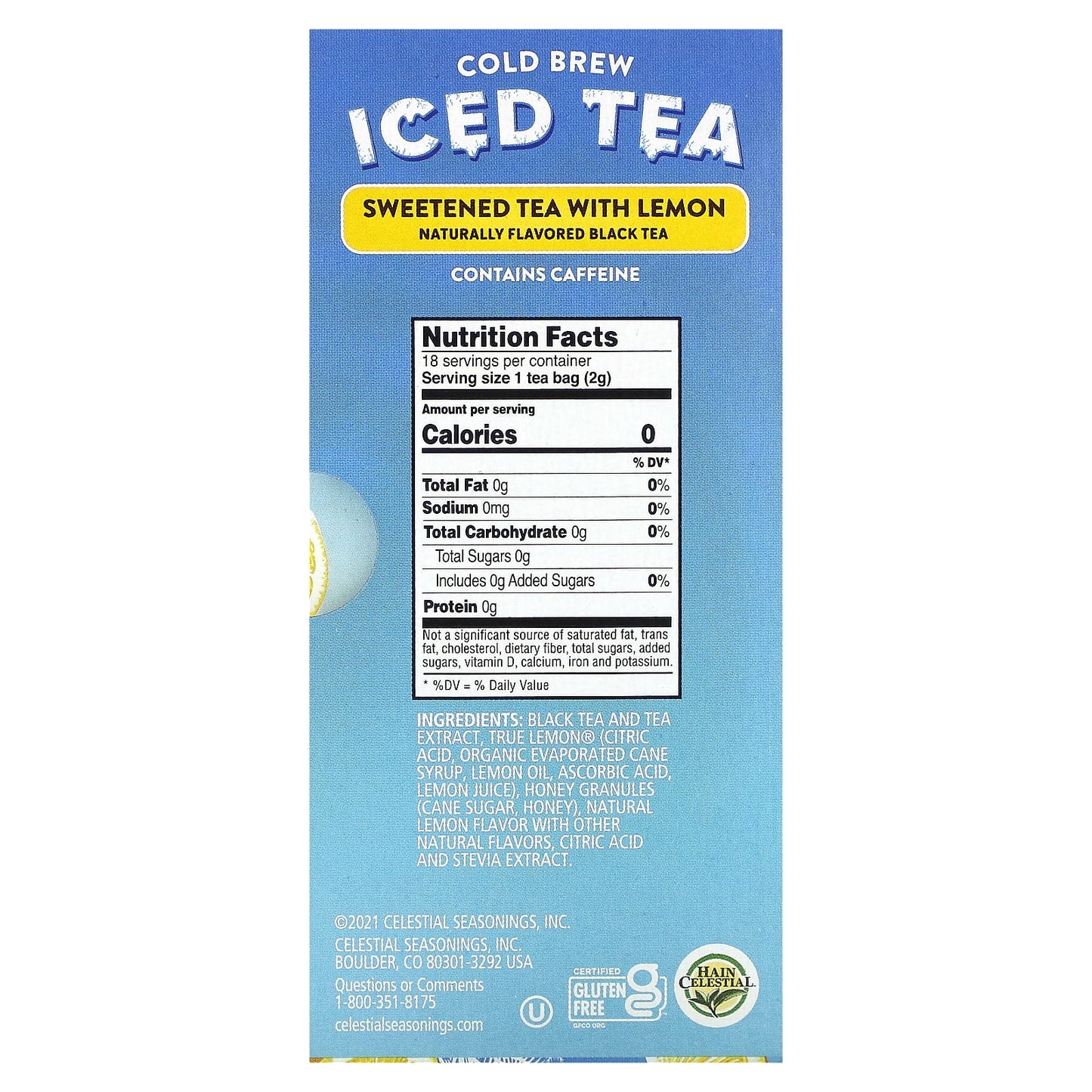 Celestial Seasonings, Cold Brew Iced Tea, Sweetened Tea with Lemon, 18 Tea Bags, 1.3 oz (37 g)