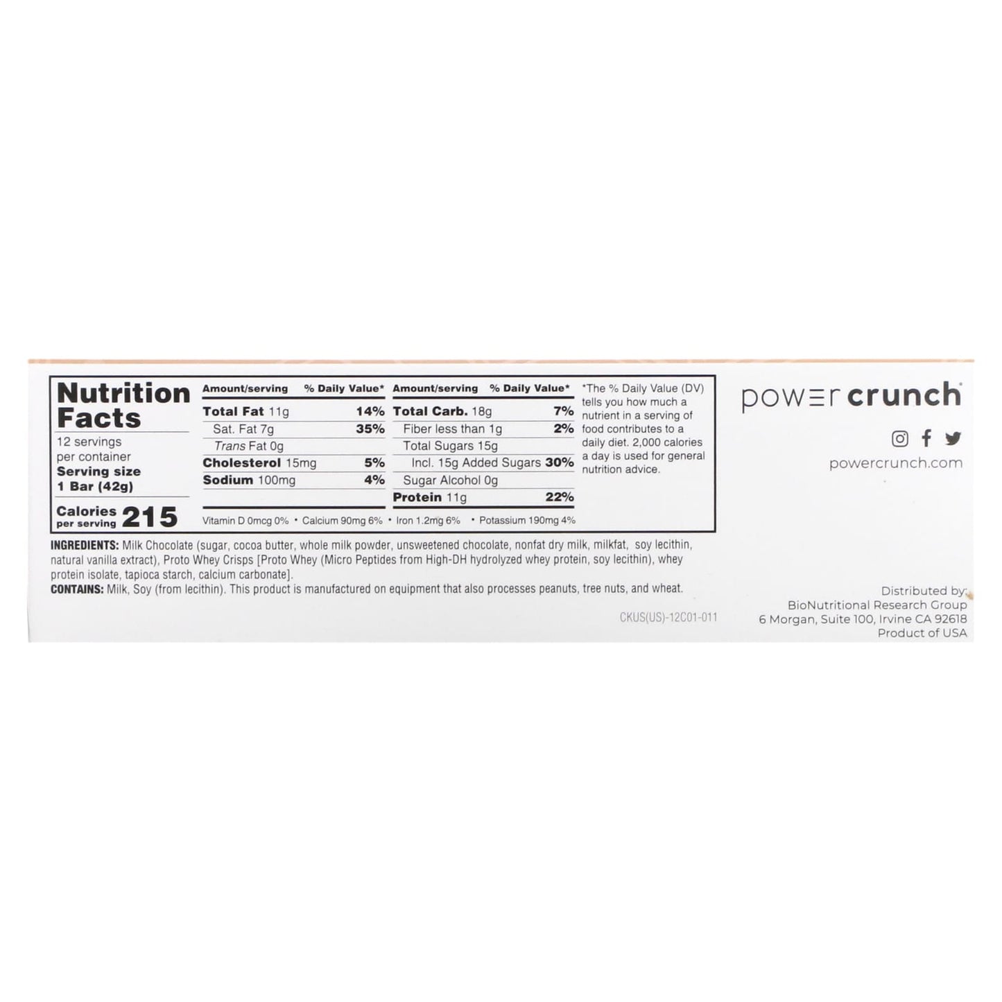 BNRG, Power Crunch Protein Bar, Choklat, Milk Chocolate, 12 Bars, 1.5 oz (42 g) Each