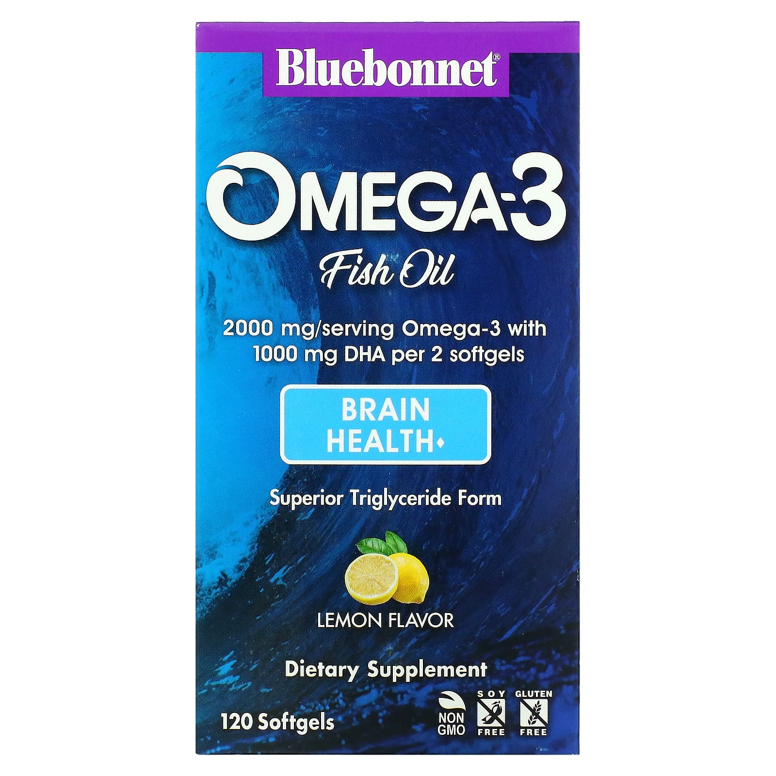 Bluebonnet Nutrition-Omega-3 Fish Oil-Brain Health-Lemon-120 Softgels