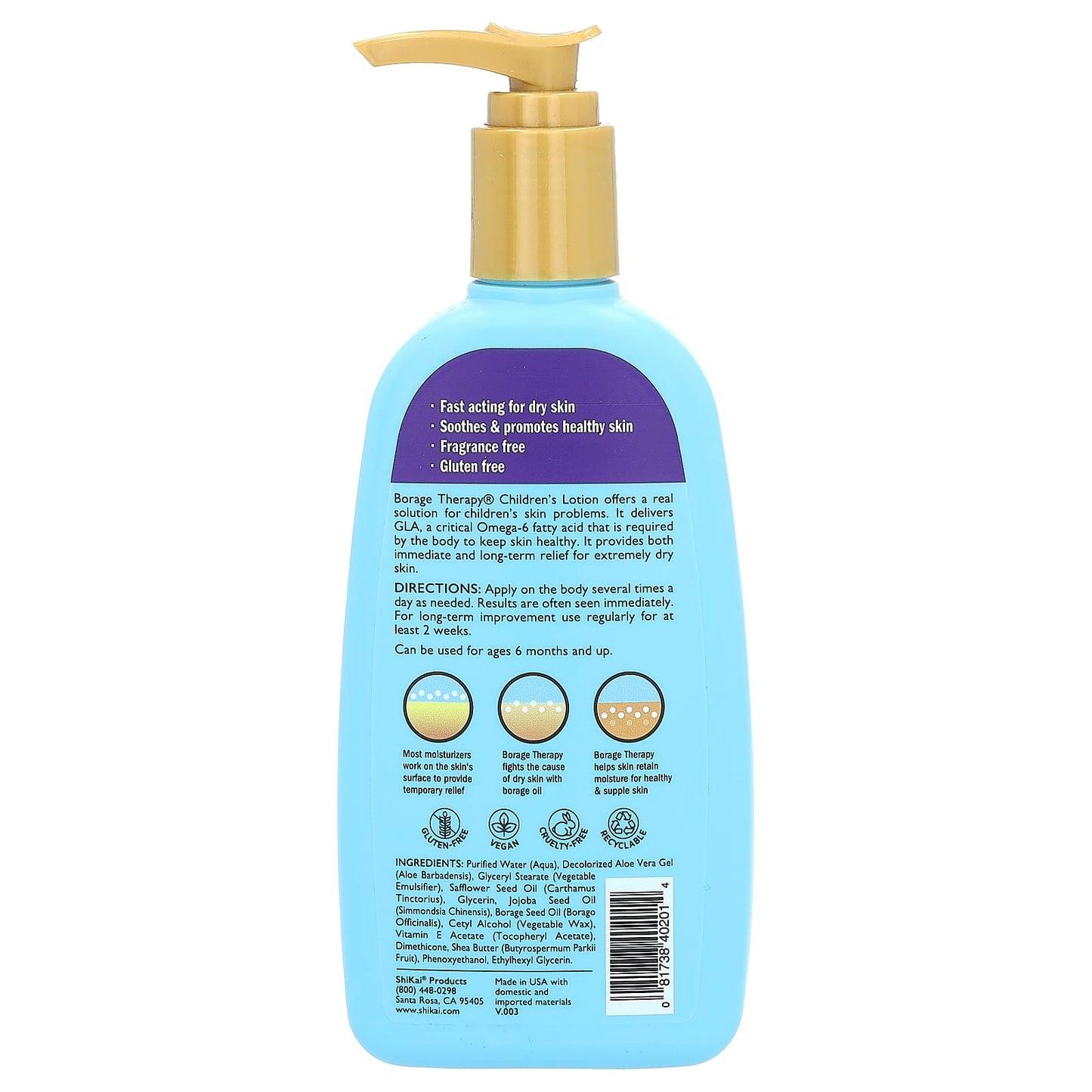 Shikai, Borage Therapy, Children's Lotion, For Ages 6 Months and Up, Fragrance Free, 8 fl oz (238 ml)